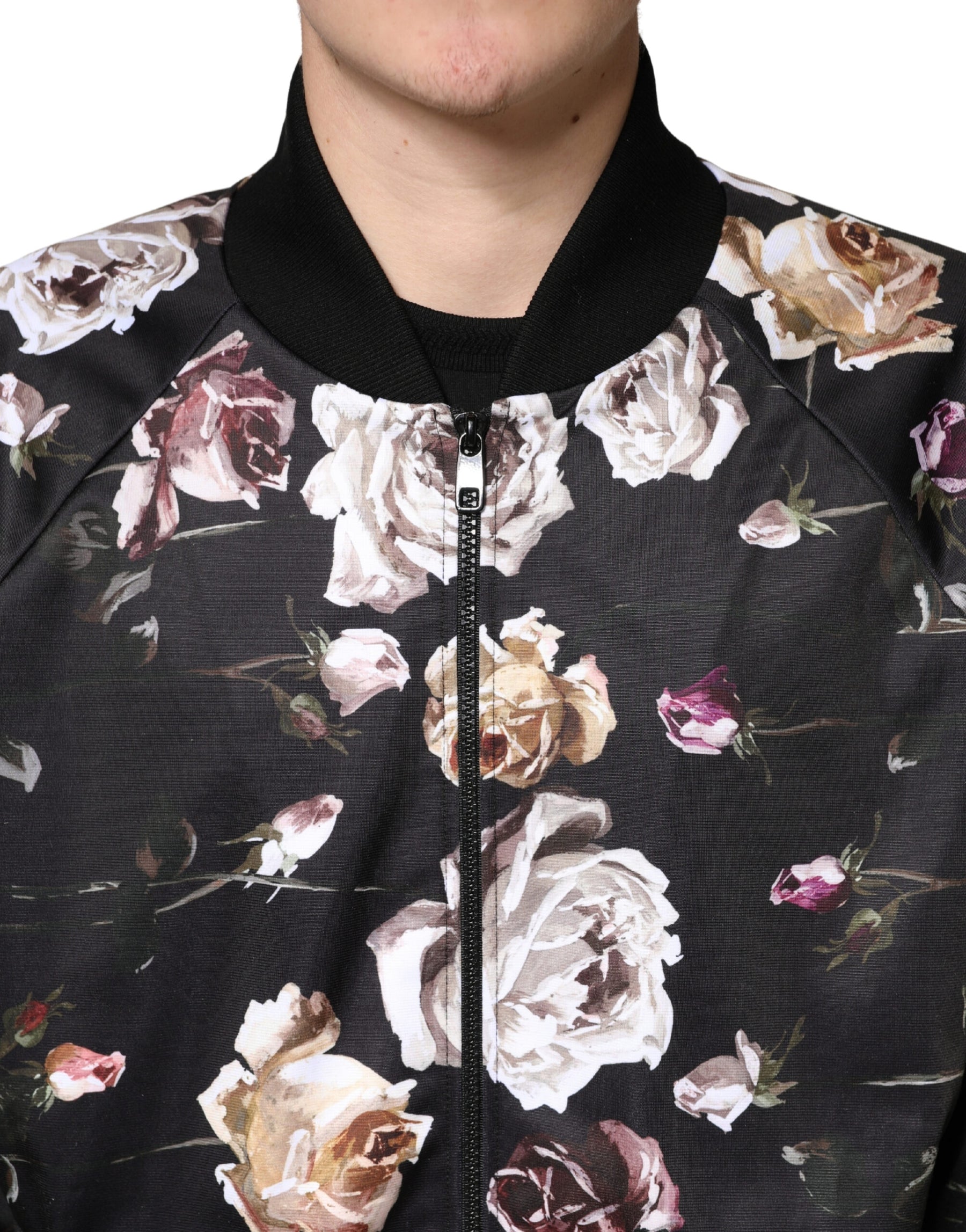 Dolce & Gabbana Black Floral Polyester Full Zip Bomber Jacket | Regal Royce