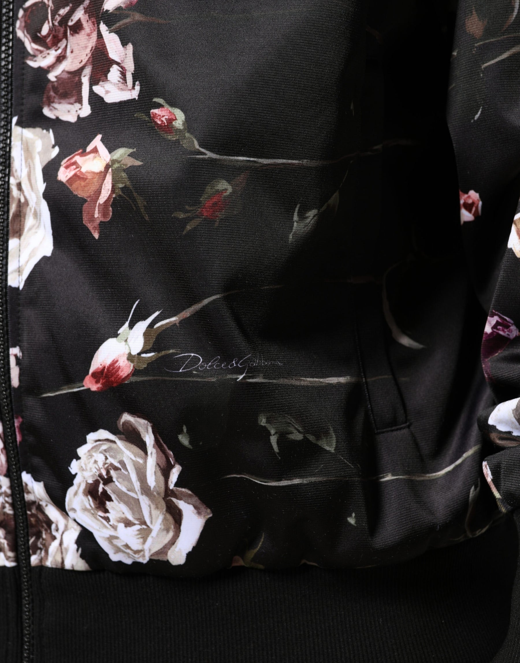 Dolce & Gabbana Black Floral Polyester Full Zip Bomber Jacket | Regal Royce