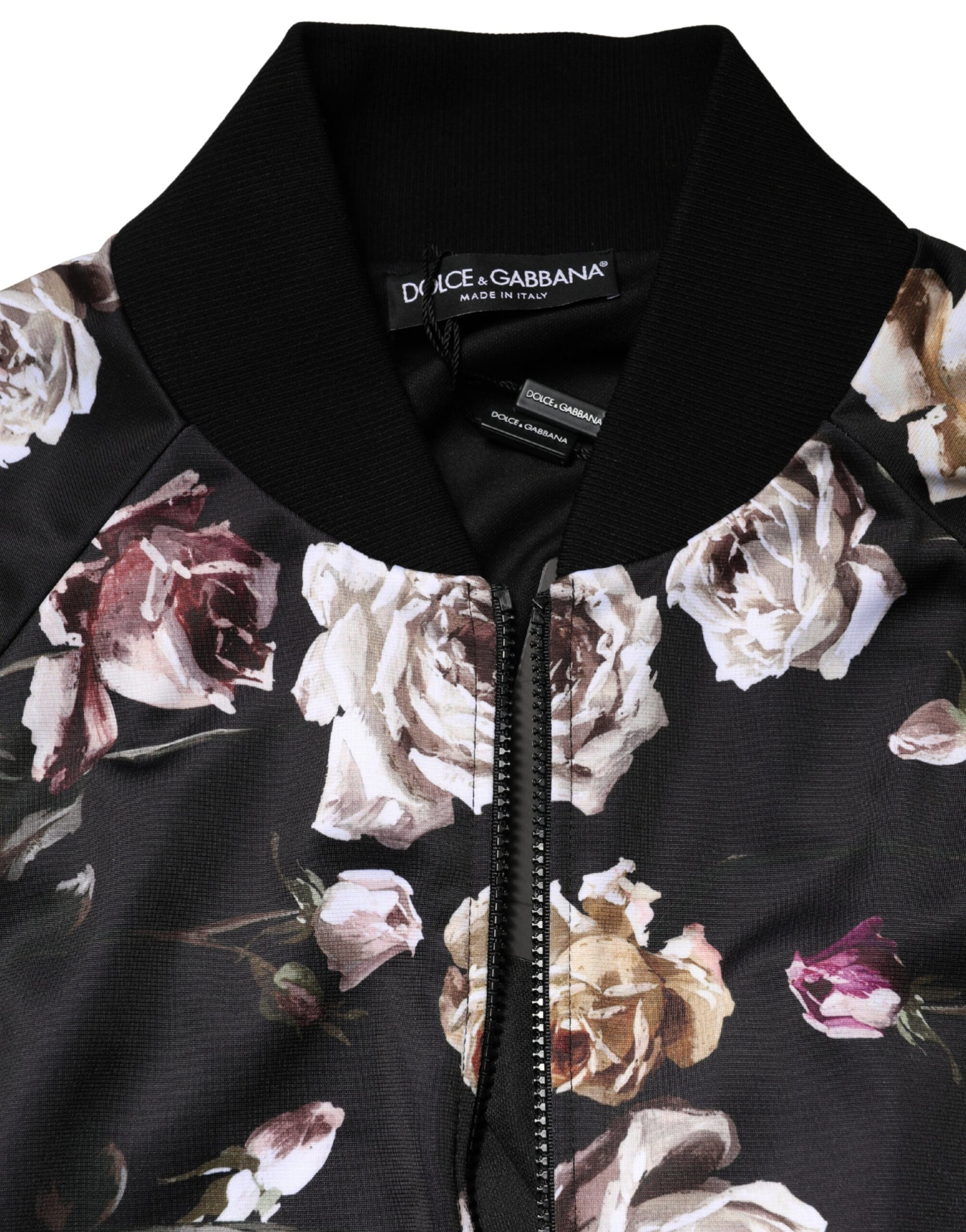 Dolce & Gabbana Black Floral Polyester Full Zip Bomber Jacket | Regal Royce