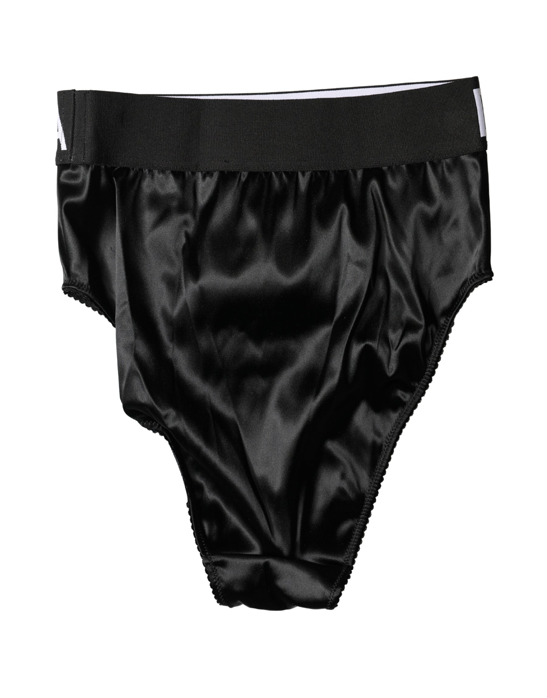 Dolce & Gabbana Black Satin High-Waist Brief Logo Women Underwear | Regal Royce