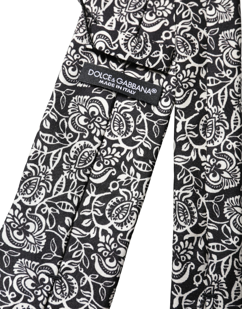 Dolce & Gabbana Black White Floral Fantasy Silk Adjustable Necktie Tie