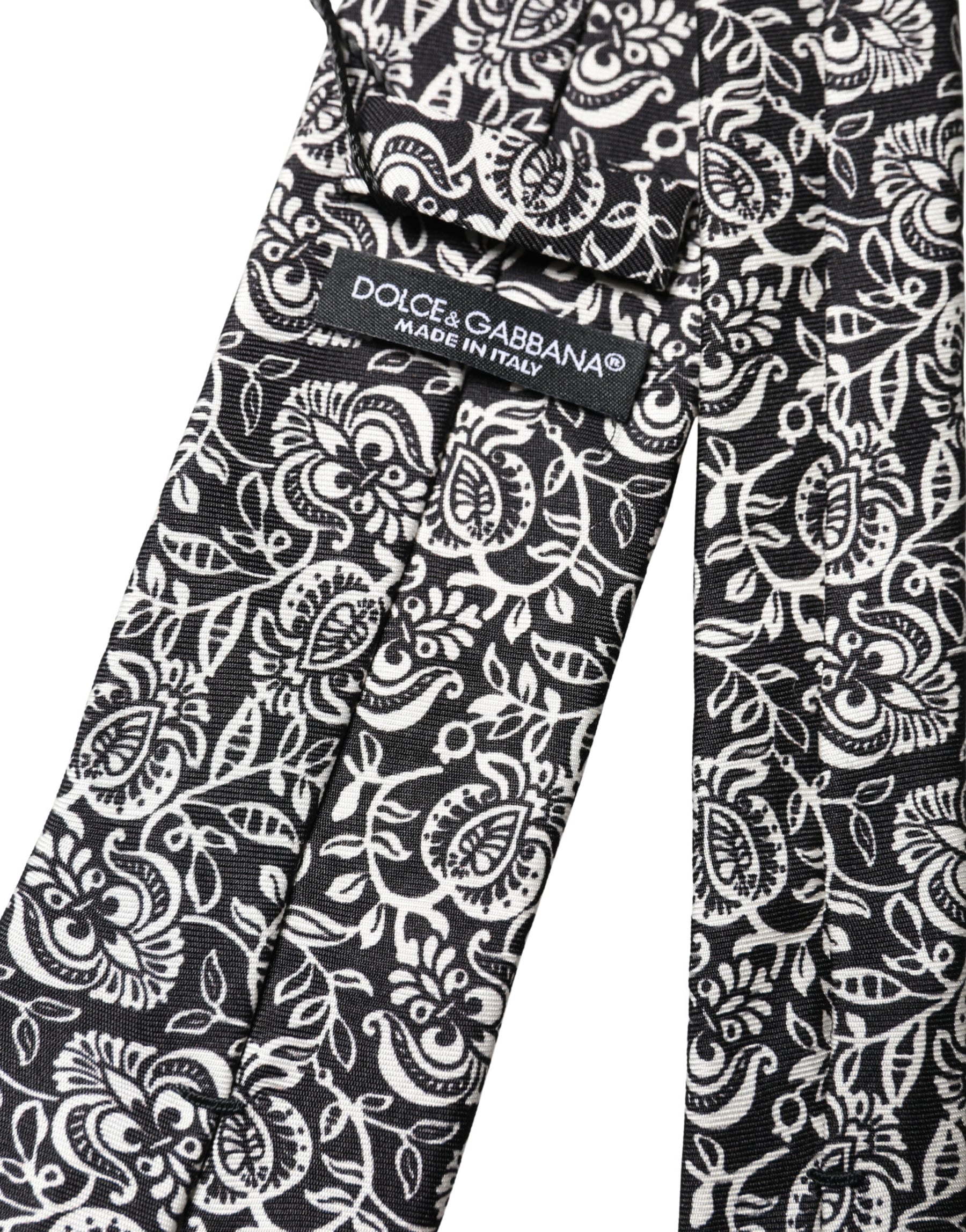 Dolce & Gabbana Black White Floral Fantasy Silk Adjustable Necktie Tie | Regal Royce