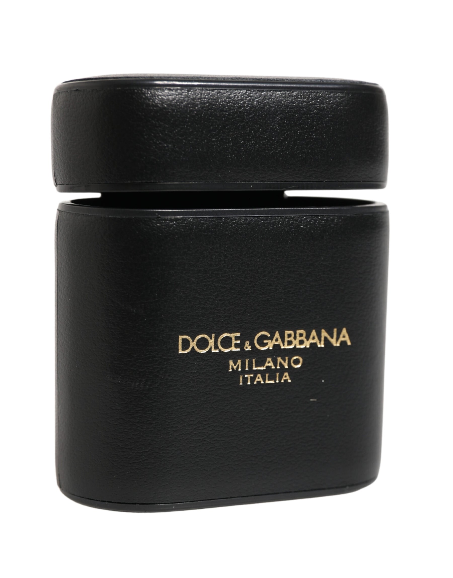 Dolce & Gabbana Black Calf Leather Logo Print Flip Holder Airpods Case | Regal Royce