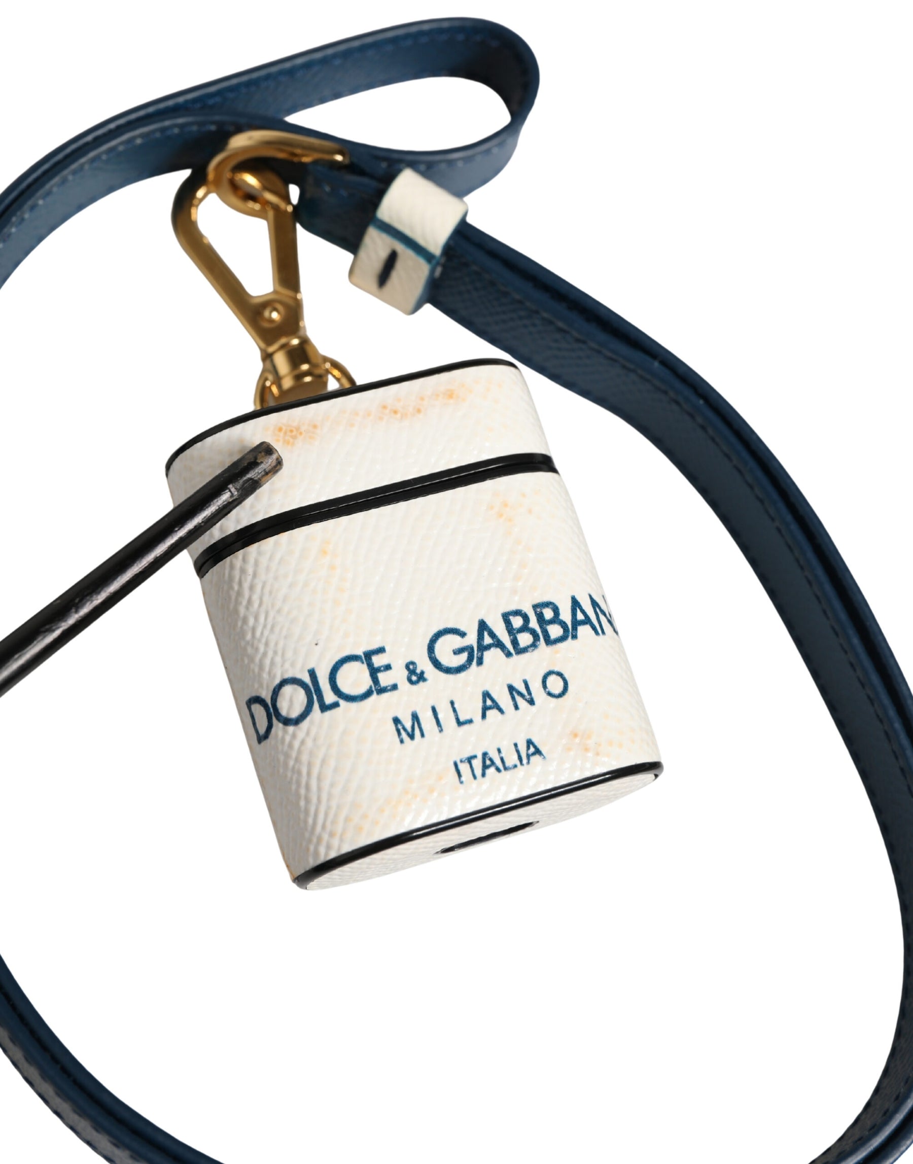 Dolce & Gabbana White Calf Leather Logo Flip Holder Strap Airpods Case | Regal Royce