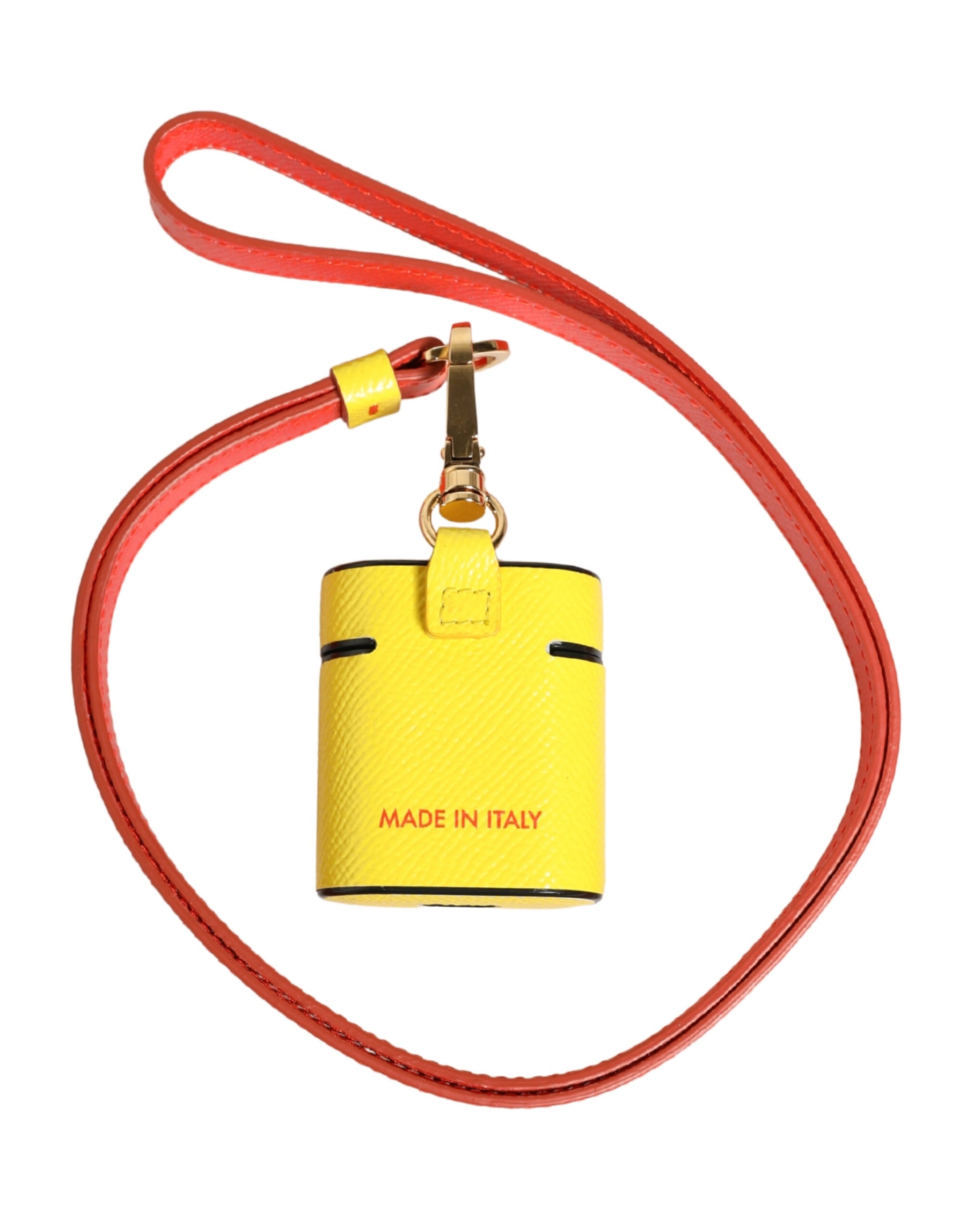 Dolce & Gabbana Yellow Calf Leather Logo Flip Holder Strap Airpods Case | Regal Royce