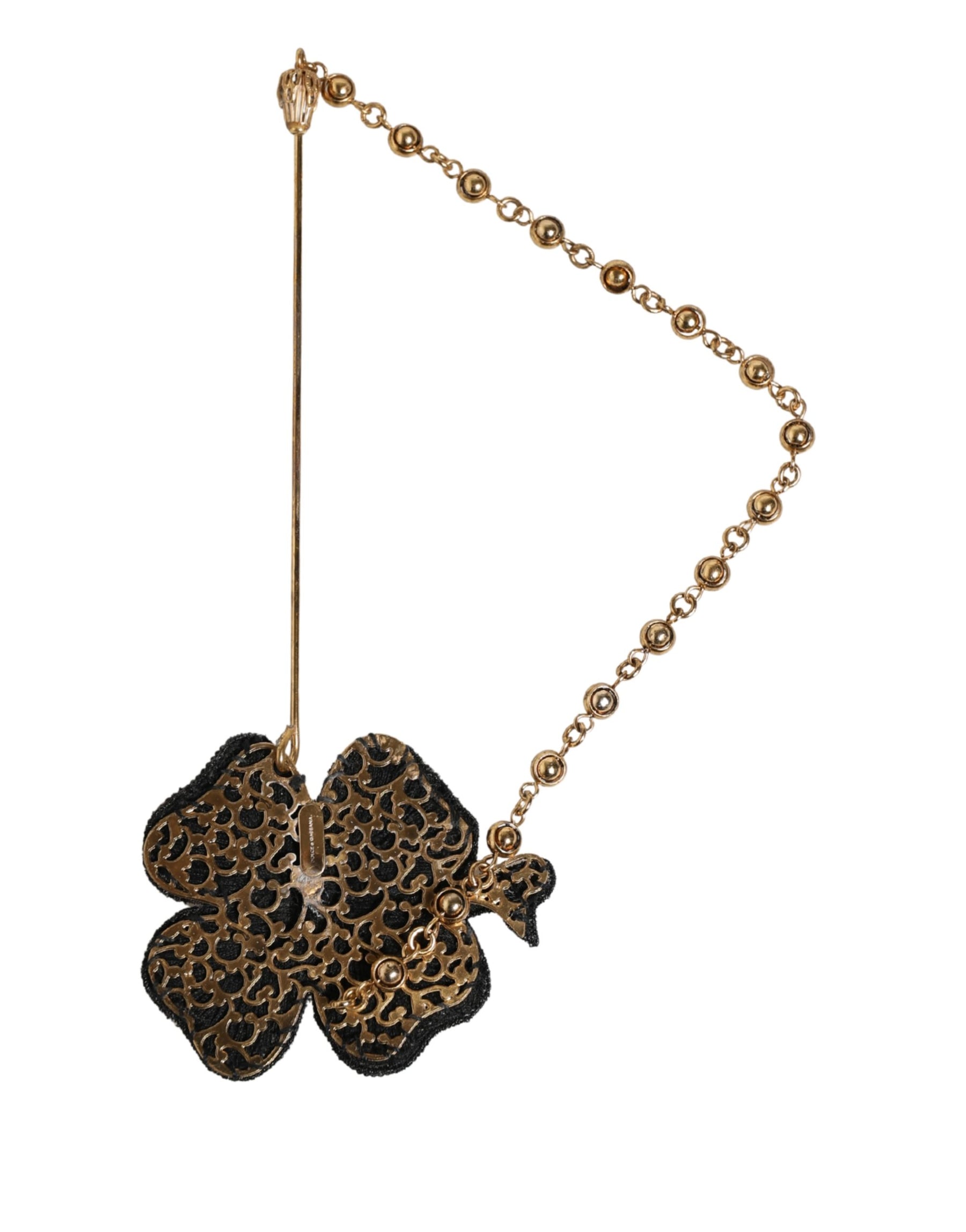 Dolce & Gabbana Black Gold Brass Crystal Chain Women Lapel Pin Brooch | Regal Royce