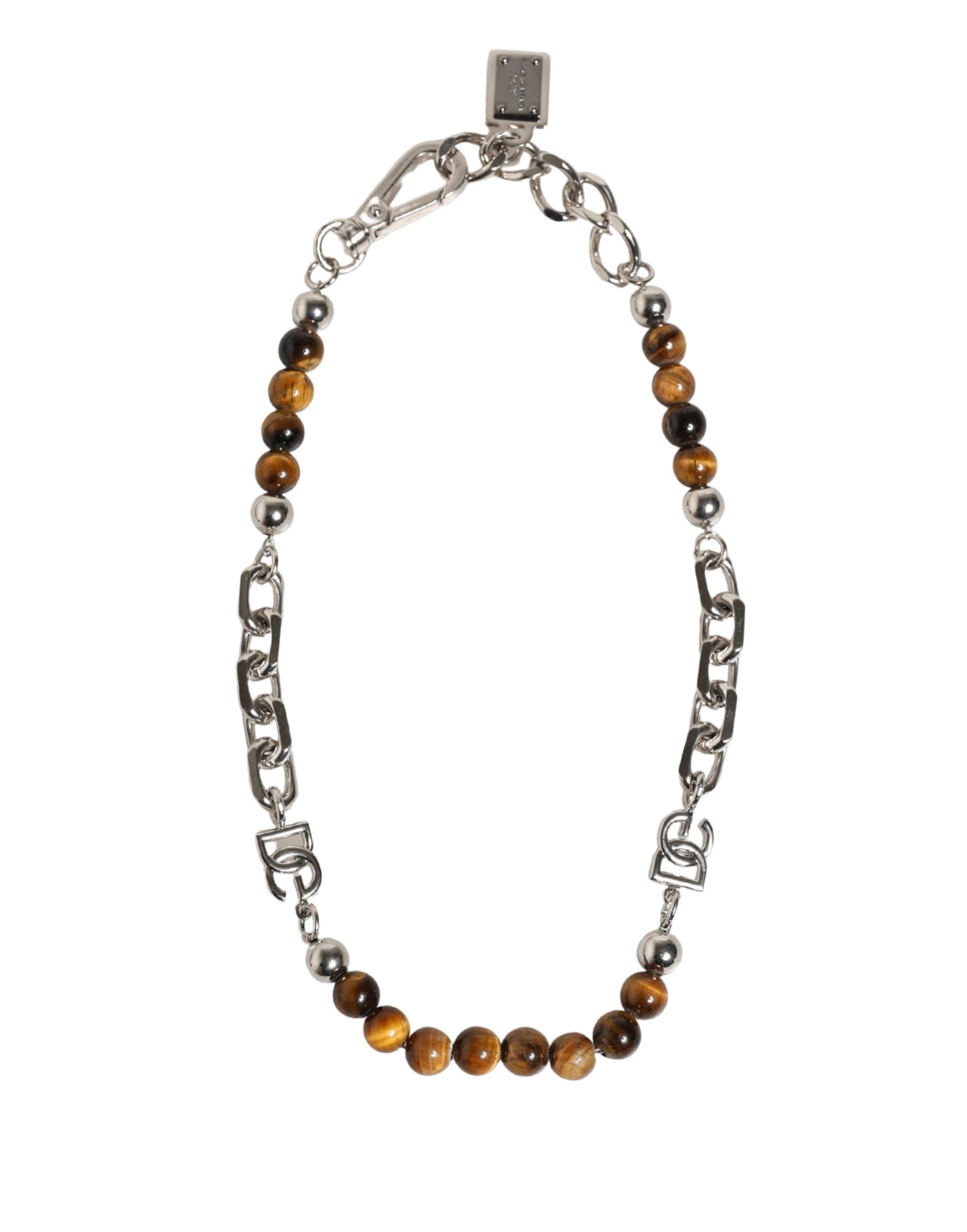 Dolce & Gabbana Silver Tone Brass Chain Beaded Gem DG Logo Bracelet | Regal Royce