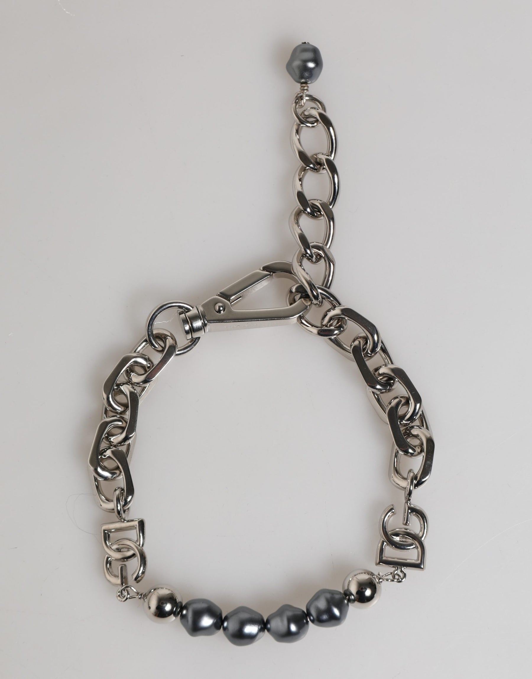 Dolce & Gabbana Silver Tone Chain Lobster Clasp Logo Gray Pearls Bracelet | Regal Royce