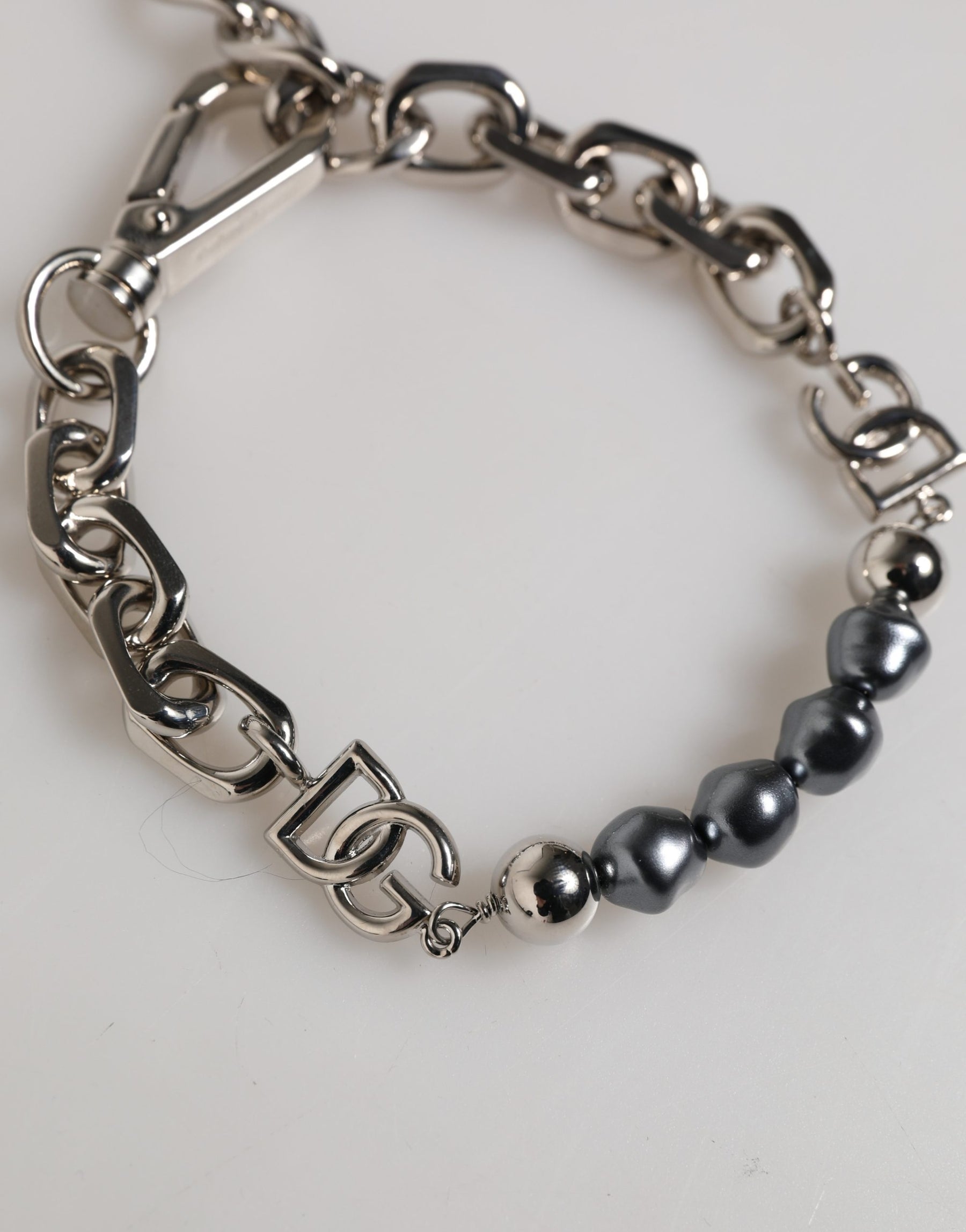 Dolce & Gabbana Silver Tone Chain Lobster Clasp Logo Gray Pearls Bracelet | Regal Royce