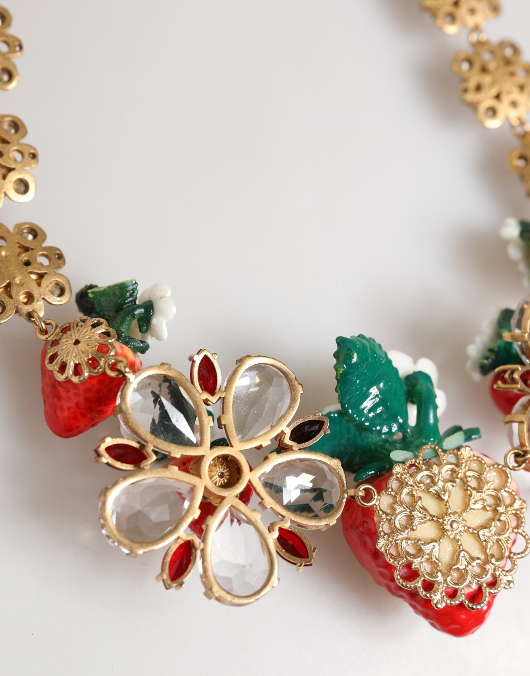 Dolce & Gabbana Gold Brass FRUIT Pendants Flowers Crystal Logo Necklace | Regal Royce