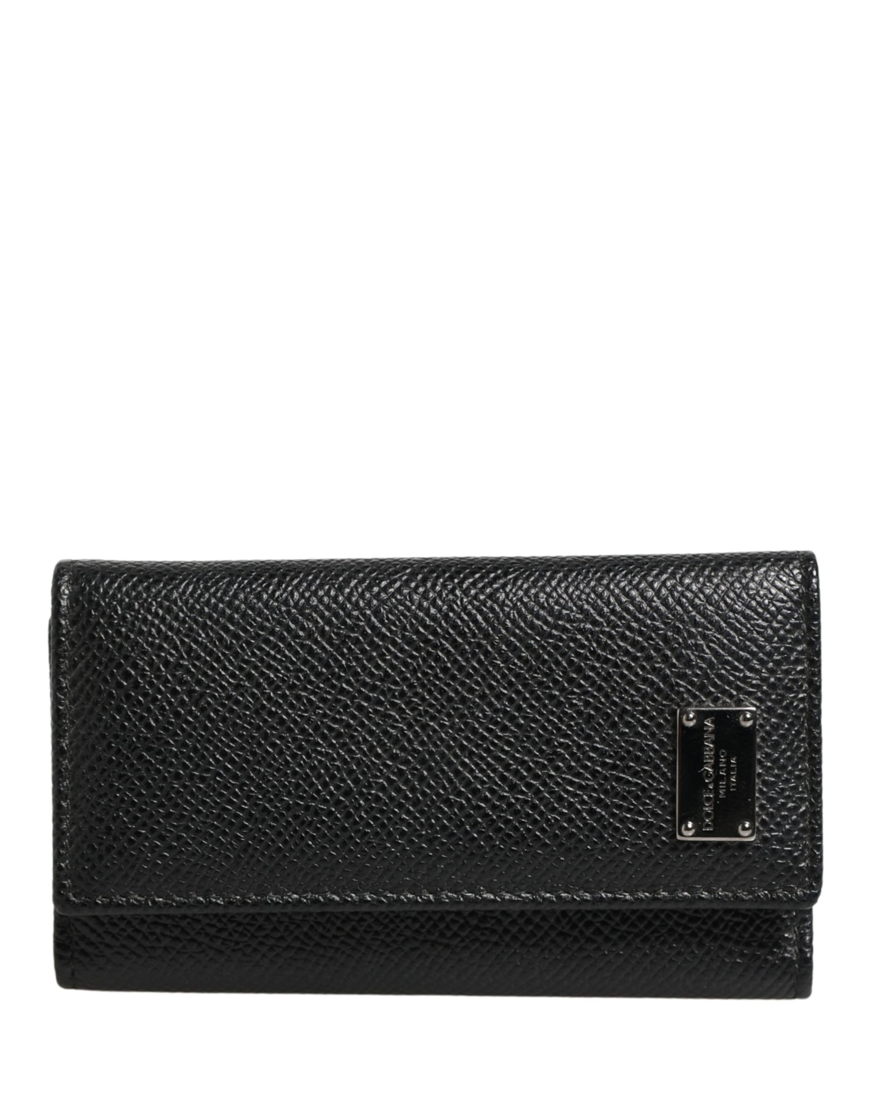 Dolce & Gabbana Black Leather Silver Metal Logo Plaque Trifold Keyring | Regal Royce