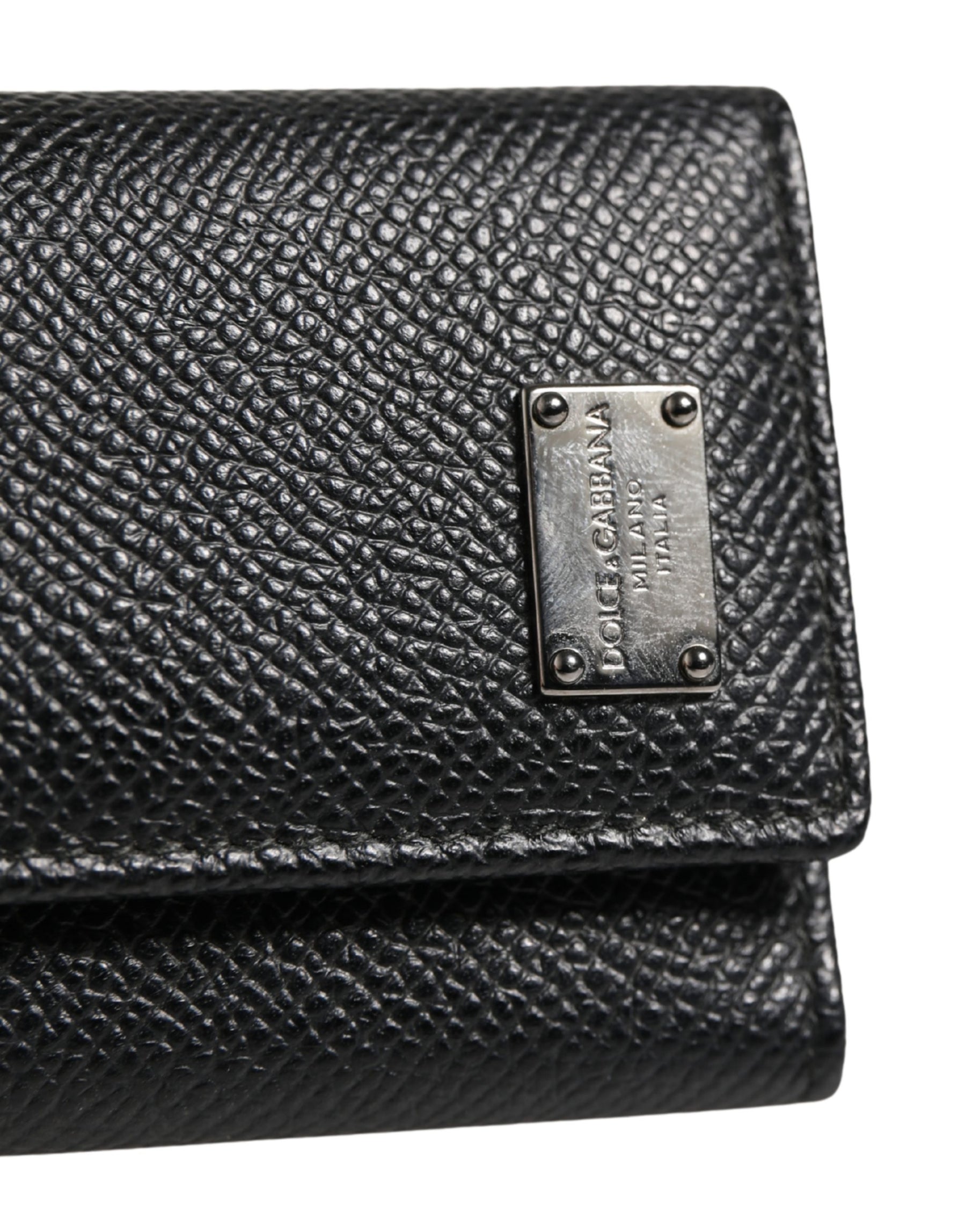 Dolce & Gabbana Black Leather Silver Metal Logo Plaque Trifold Keyring | Regal Royce