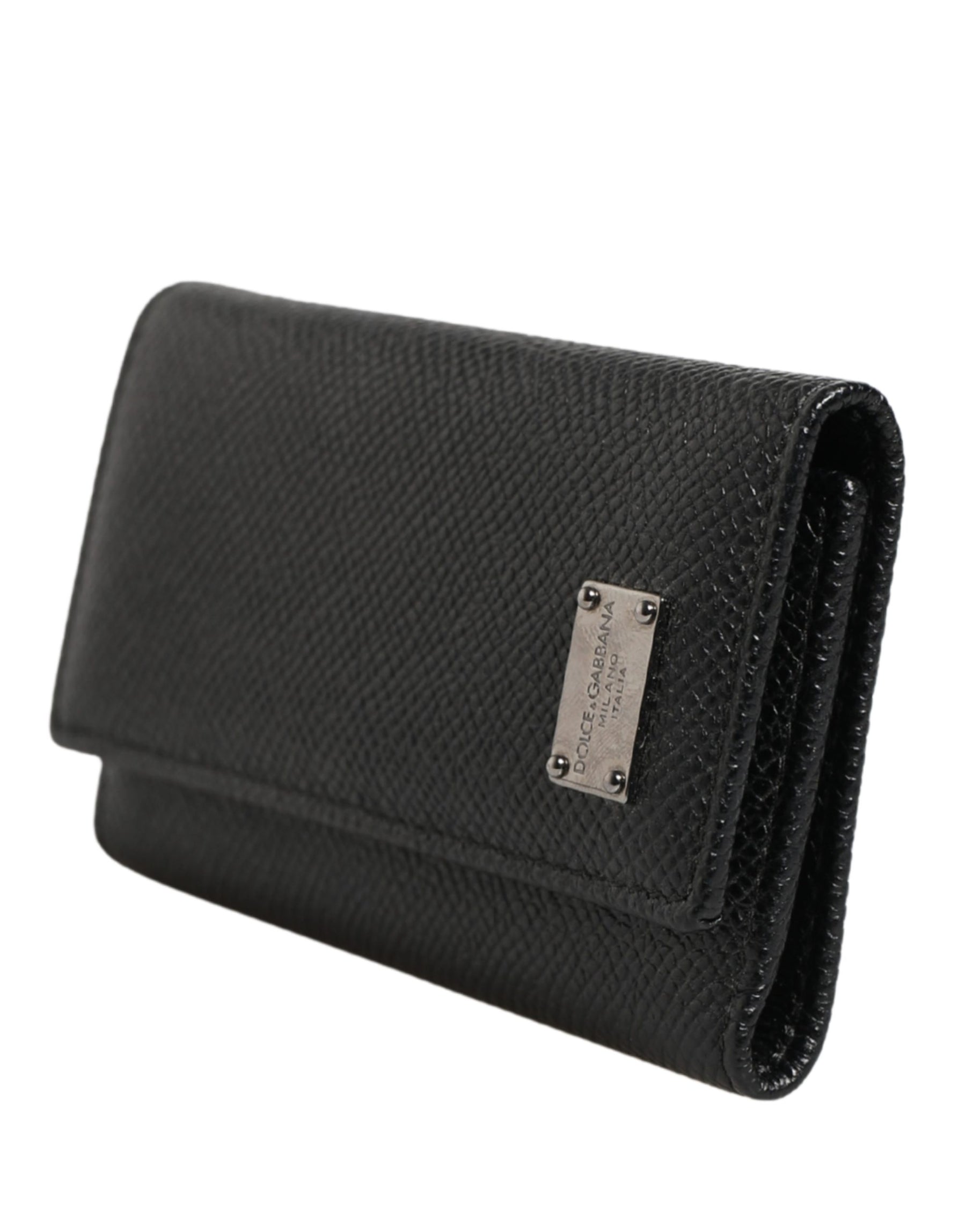 Dolce & Gabbana Black Leather Silver Metal Logo Plaque Trifold Keyring | Regal Royce