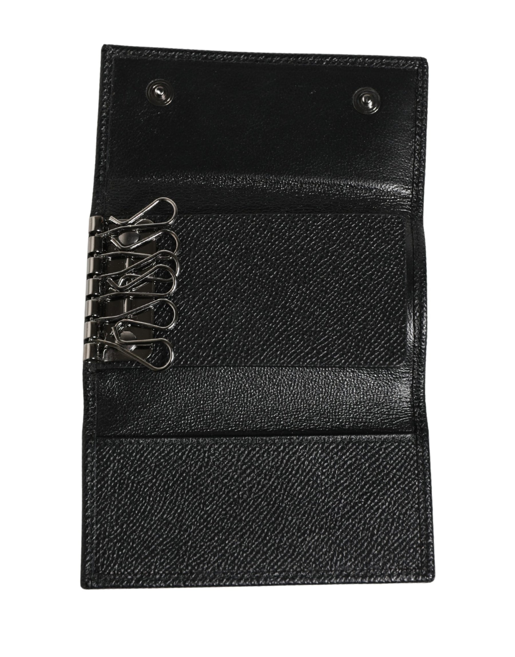 Dolce & Gabbana Black Leather Silver Metal Logo Plaque Trifold Keyring | Regal Royce
