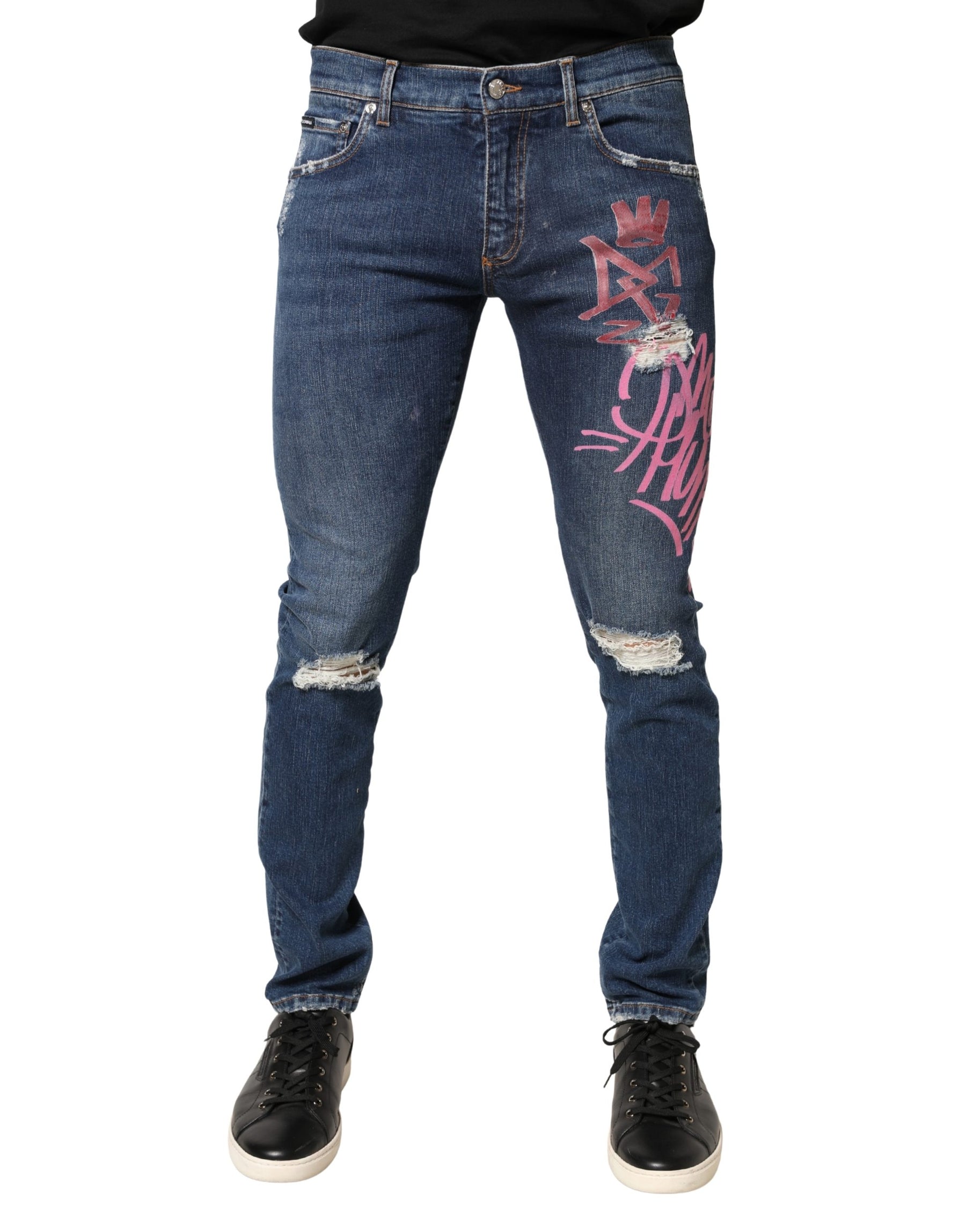 Dolce & Gabbana Blue Distressed Graffiti Print Skinny Jeans | Regal Royce