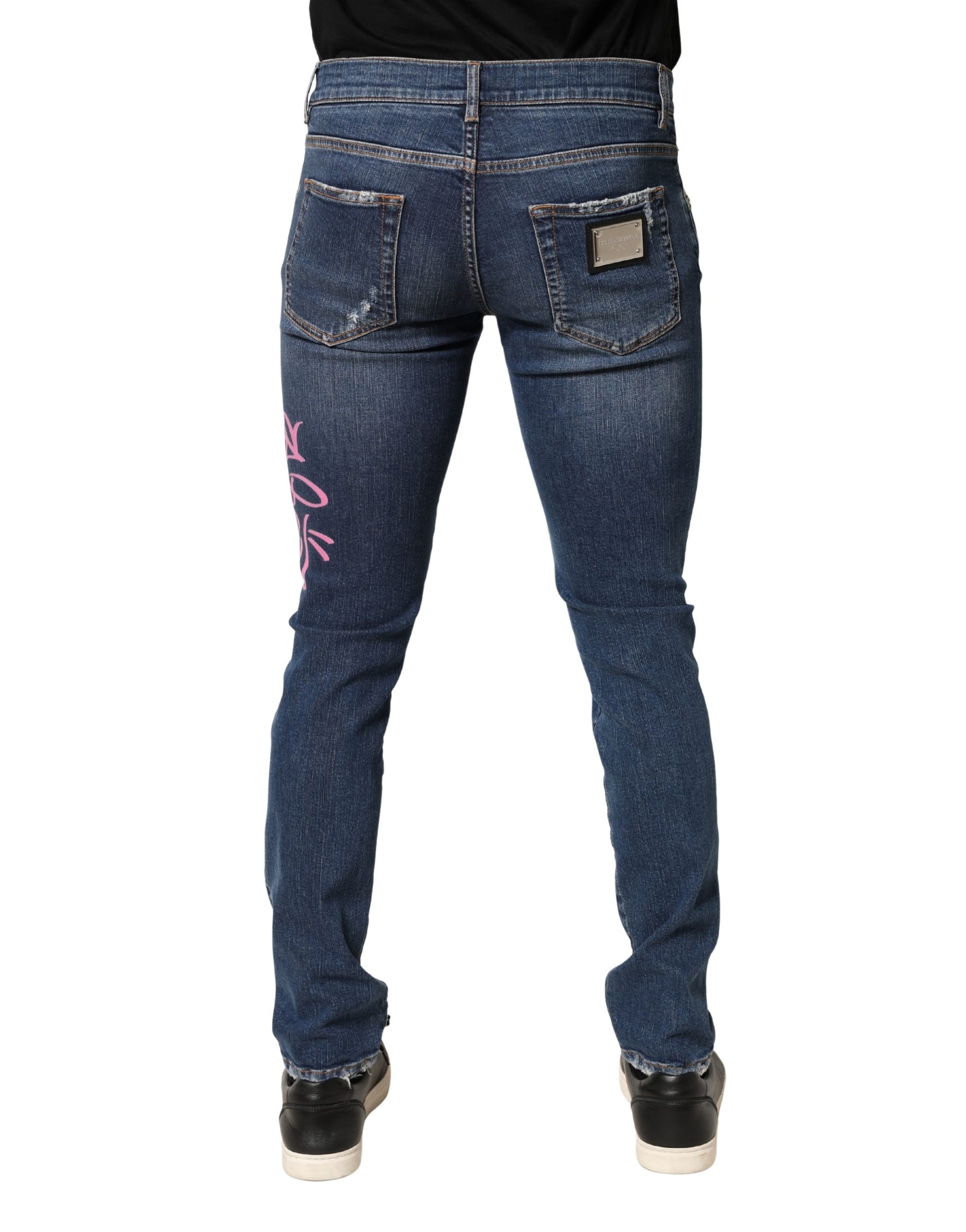 Dolce & Gabbana Blue Distressed Graffiti Print Skinny Jeans | Regal Royce
