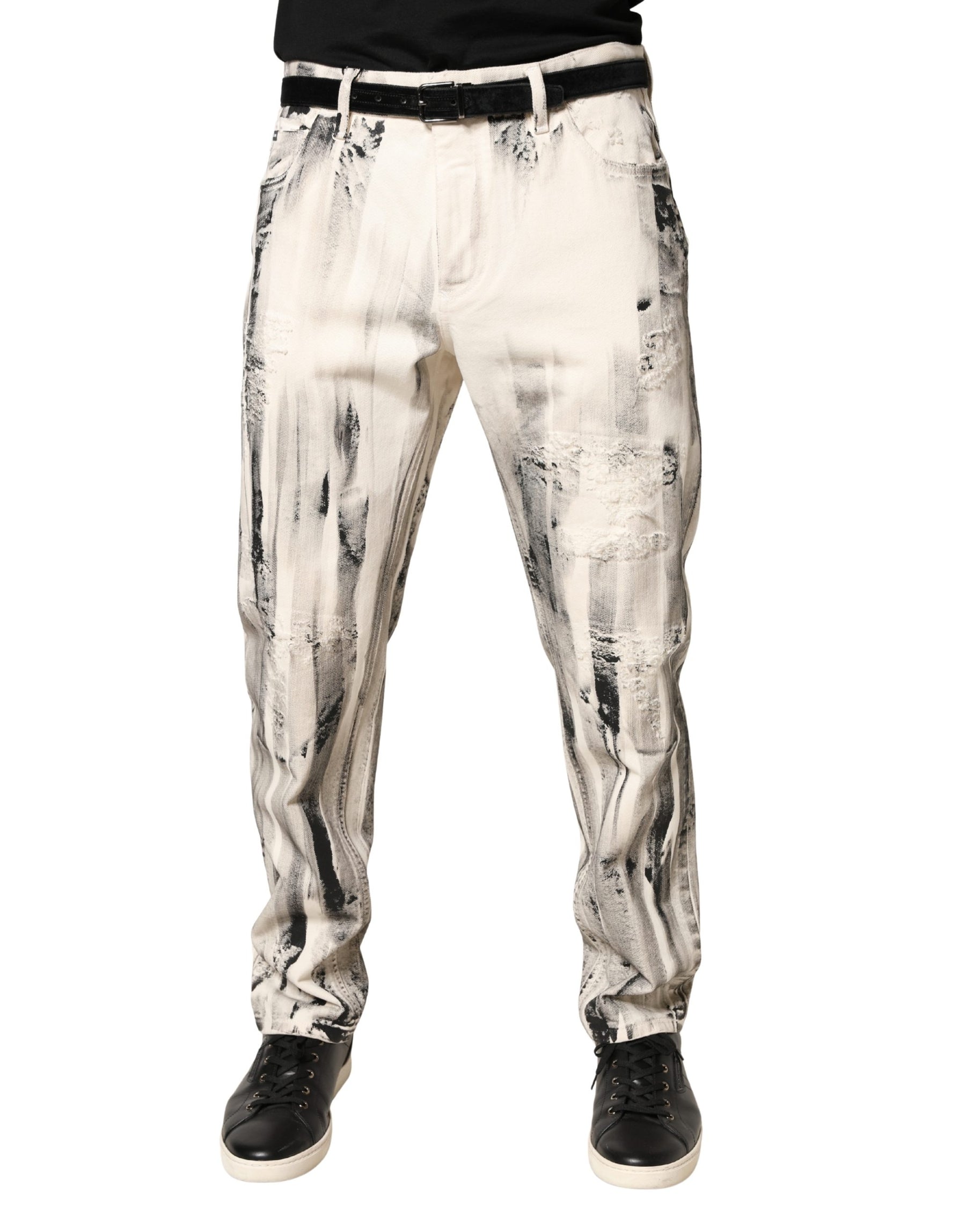 Dolce & Gabbana White Distressed Paint Print LooseDenim Jeans | Regal Royce