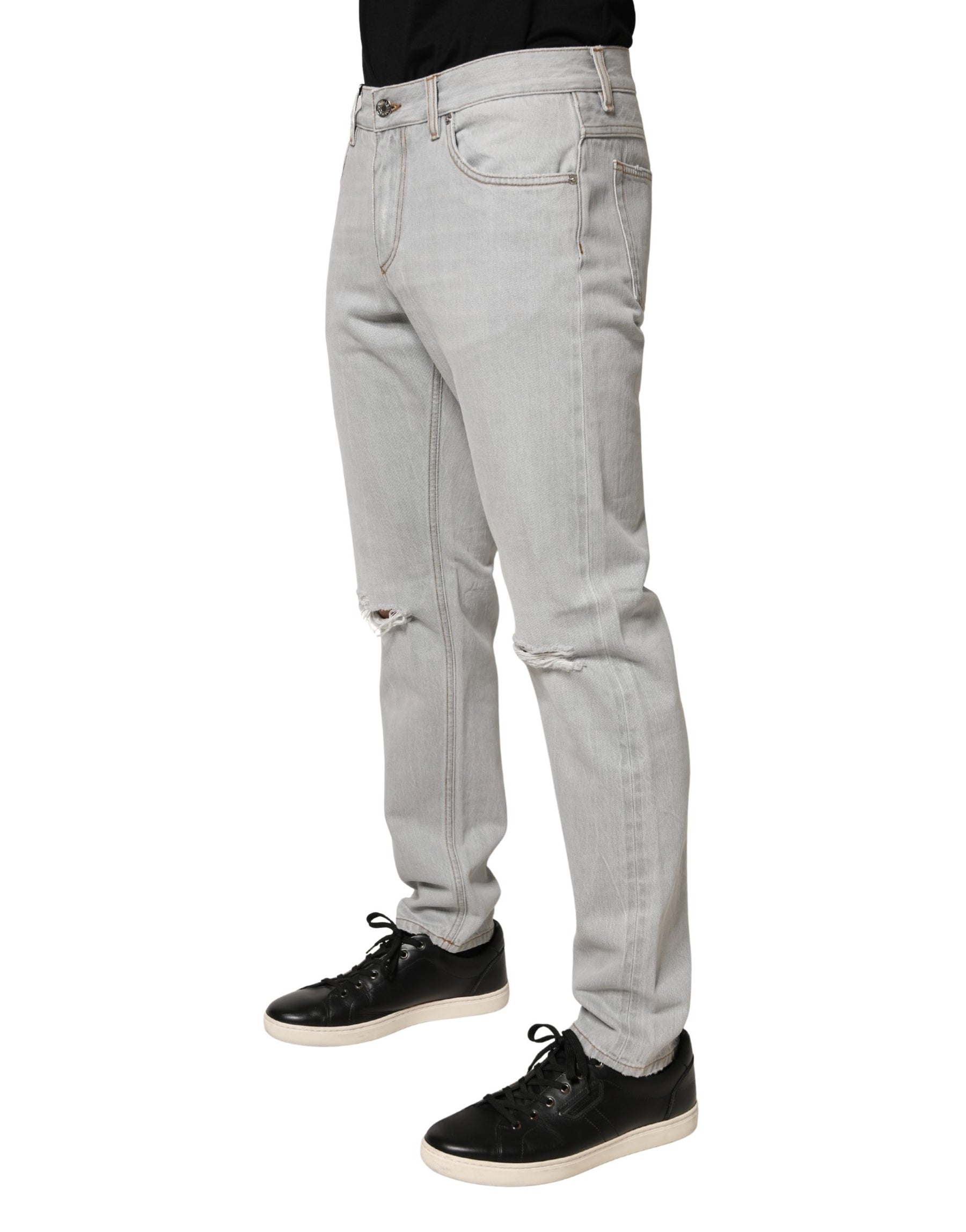 Dolce & Gabbana Light Gray Ripped Cotton Regular Denim Jeans | Regal Royce