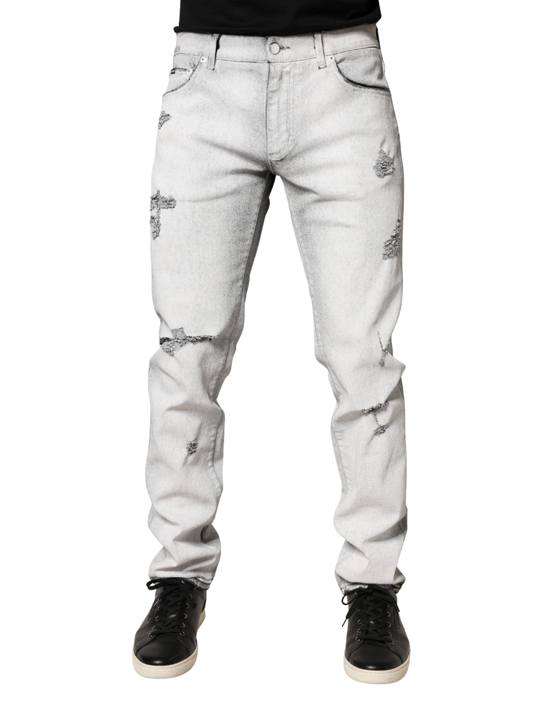 Dolce & Gabbana Light Gray Distressed Skinny Men Denim Jeans | Regal Royce