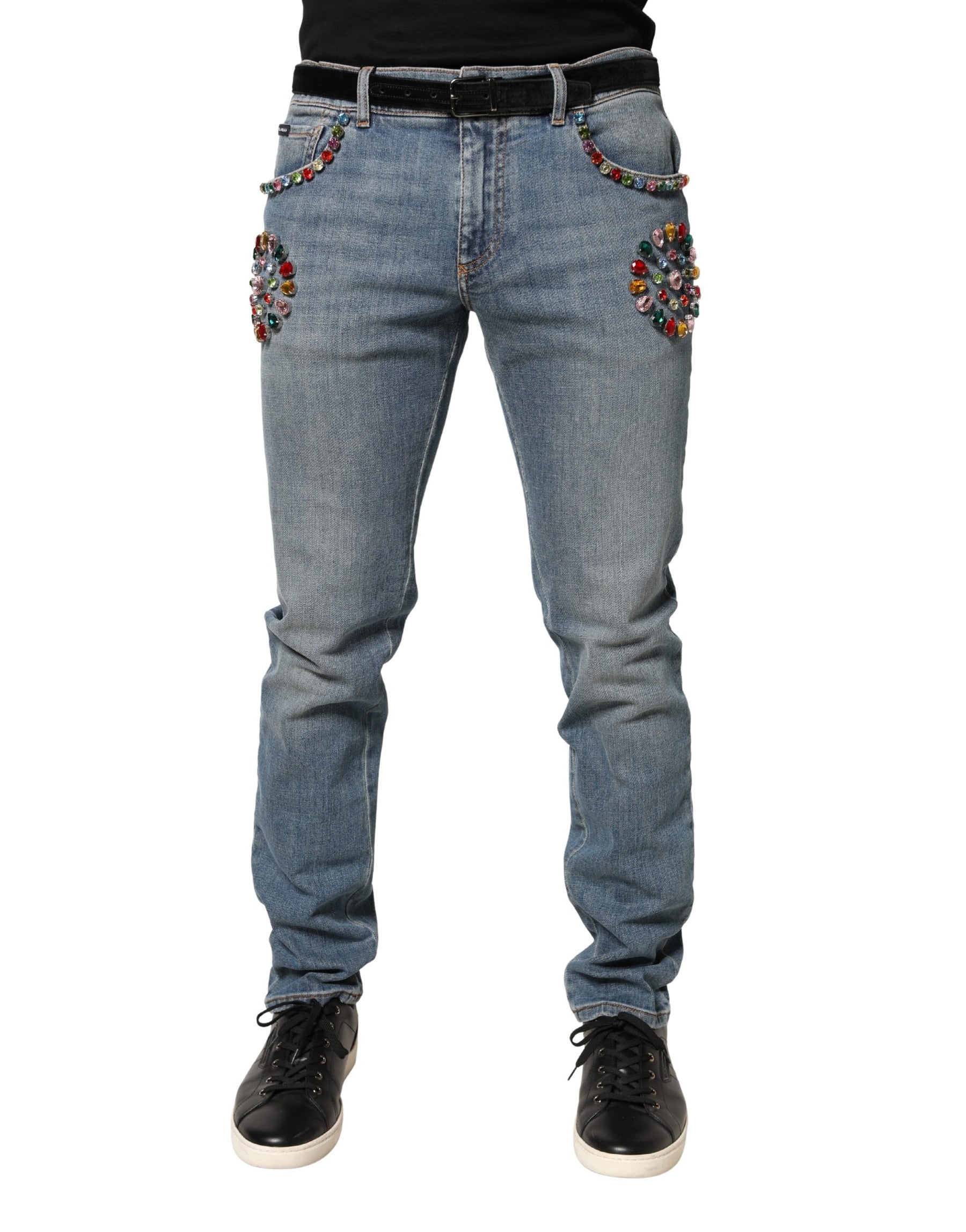 Dolce & Gabbana Blue Embellished Loose Cotton Men Denim Jeans | Regal Royce