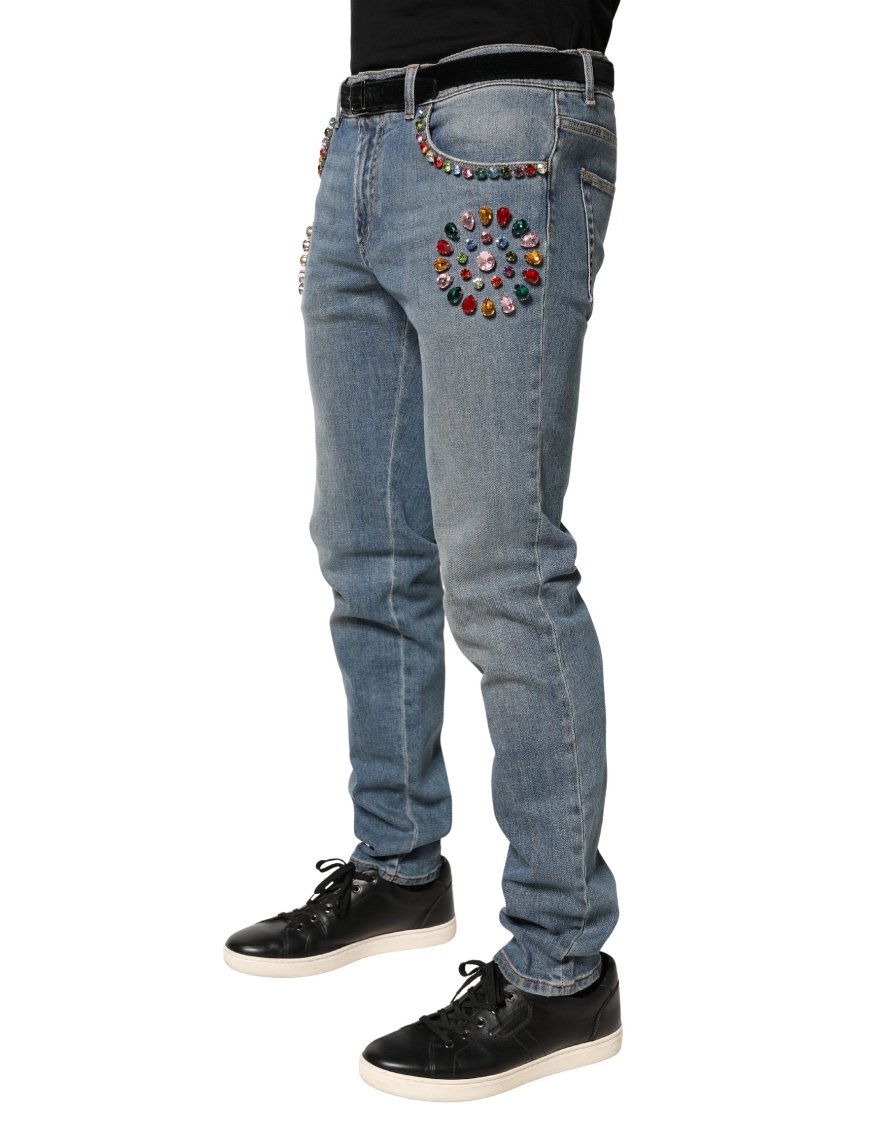 Dolce & Gabbana Blue Embellished Loose Cotton Men Denim Jeans | Regal Royce