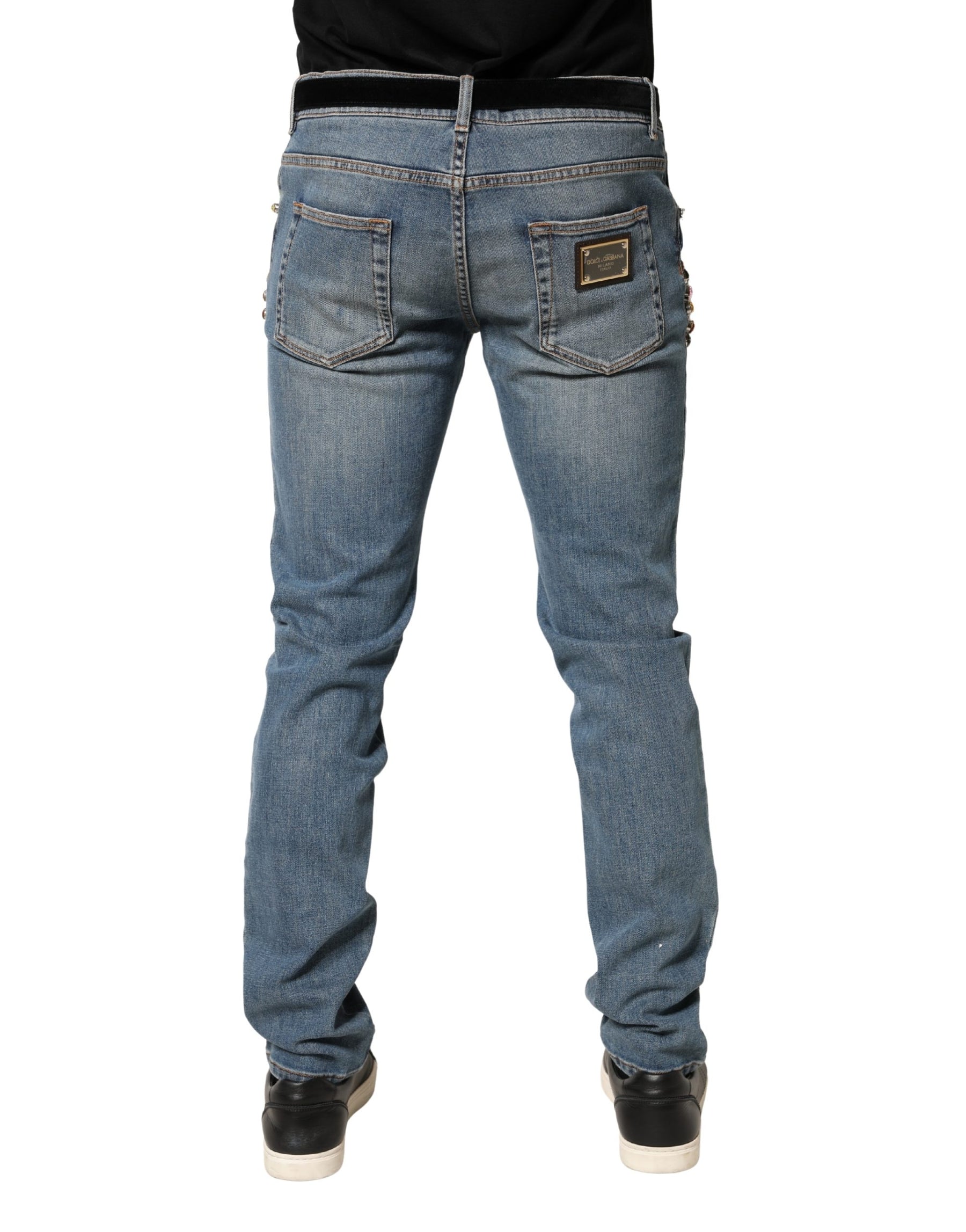 Dolce & Gabbana Blue Embellished Loose Cotton Men Denim Jeans | Regal Royce