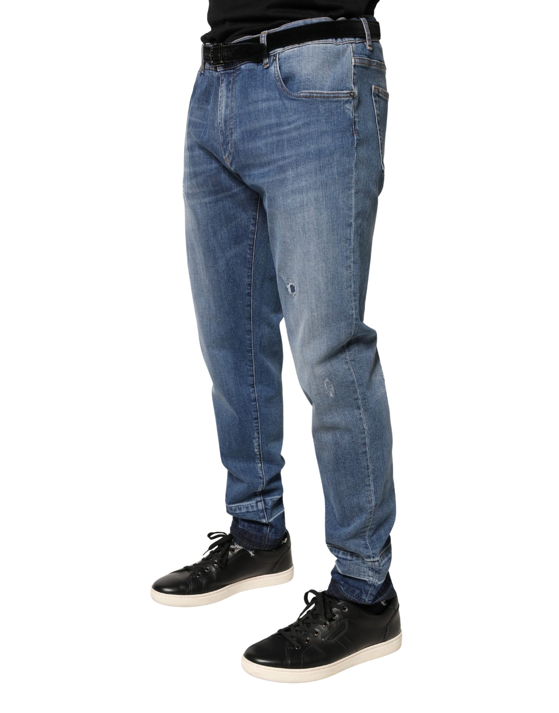 Dolce & Gabbana Blue Tattered Skinny Cotton Denim Jeans | Regal Royce