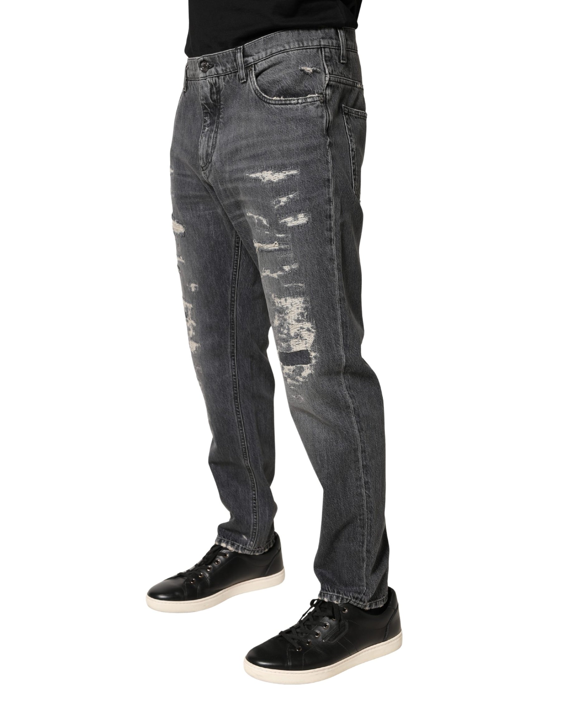 Dolce & Gabbana Dark Gray Tattered Cotton Loose Denim Jeans | Regal Royce