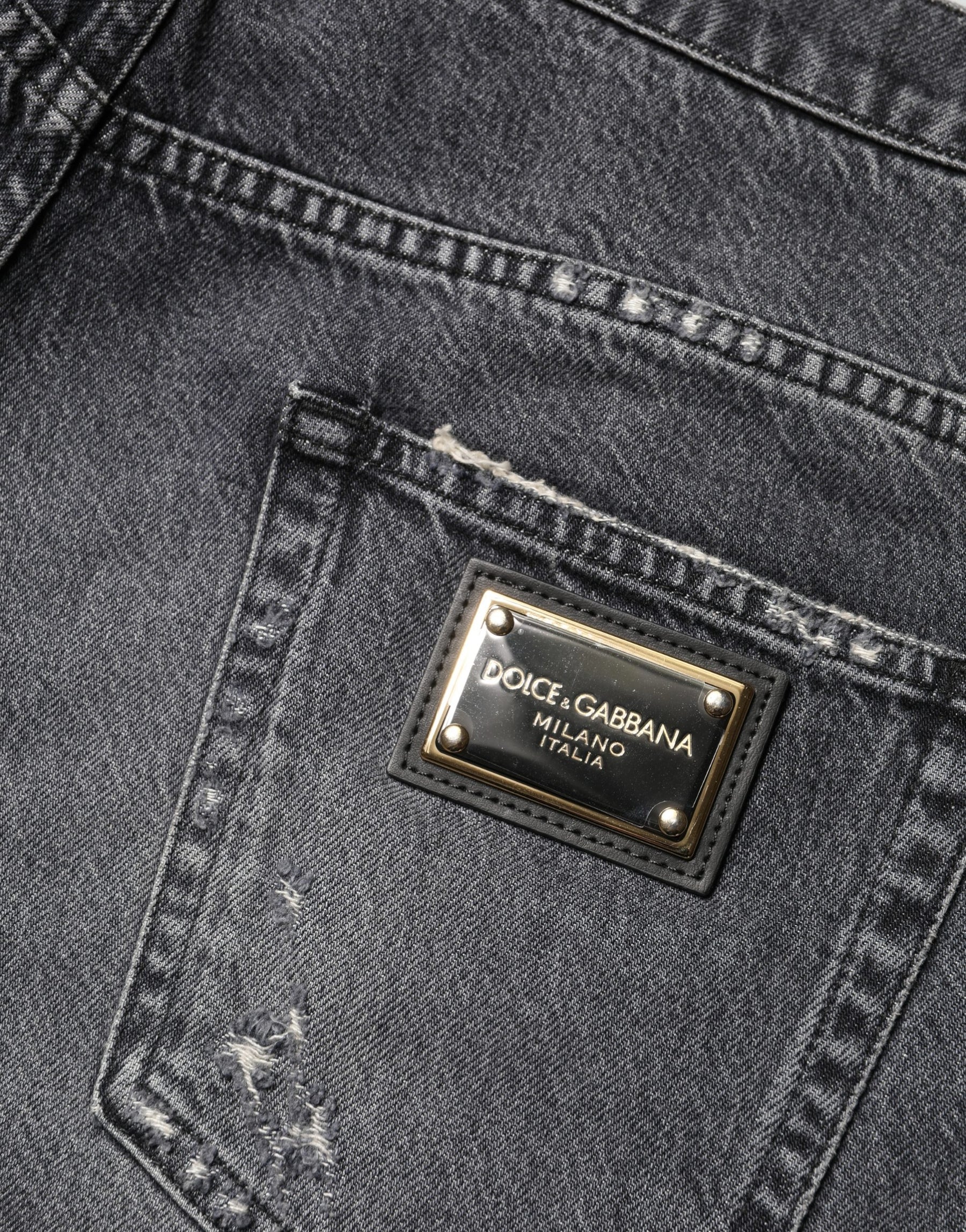 Dolce & Gabbana Dark Gray Tattered Cotton Loose Denim Jeans | Regal Royce