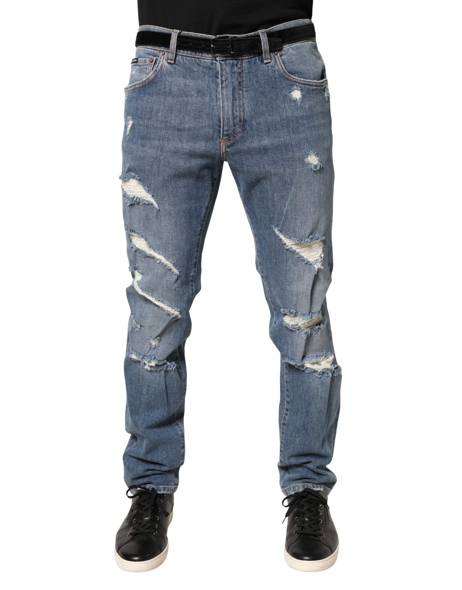 Dolce & Gabbana Blue Tattered Slim Fit Cotton Denim Jeans | Regal Royce