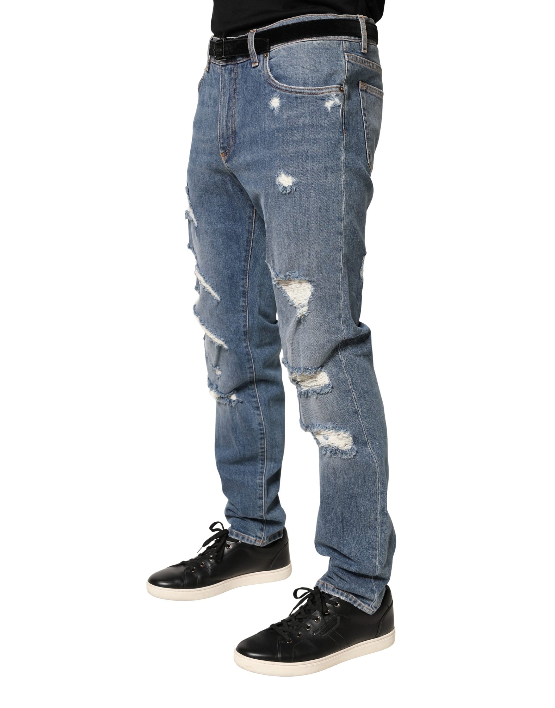 Dolce & Gabbana Blue Tattered Slim Fit Cotton Denim Jeans | Regal Royce