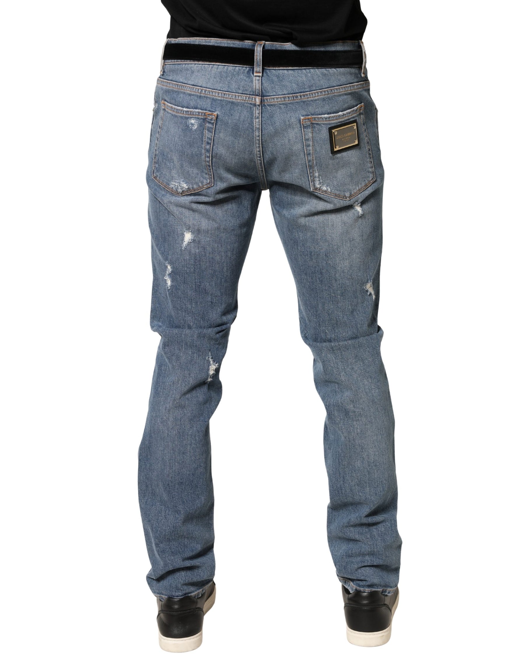 Dolce & Gabbana Blue Tattered Slim Fit Cotton Denim Jeans | Regal Royce