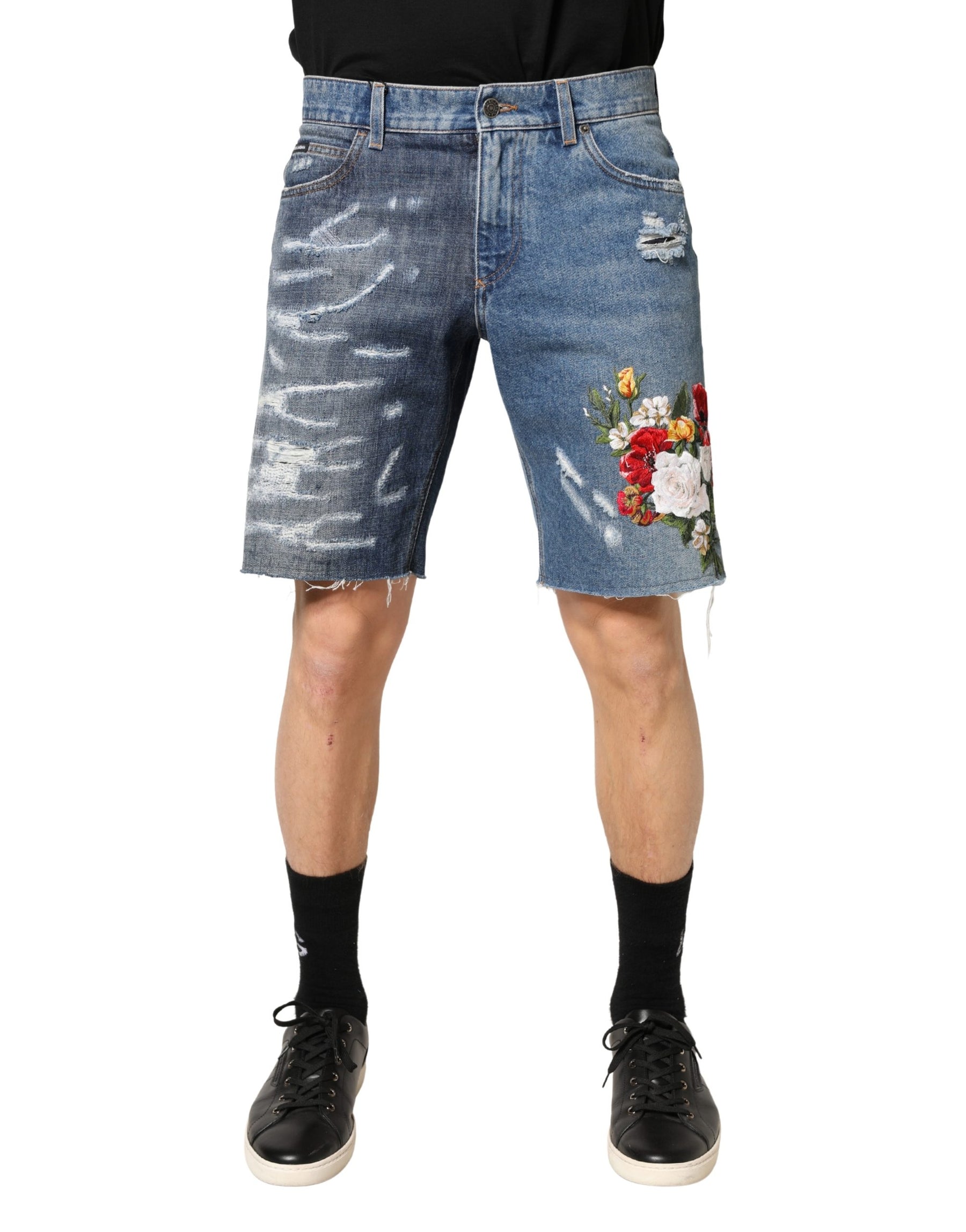 Dolce & Gabbana Blue Floral Embroidery Tattered Denim Shorts | Regal Royce
