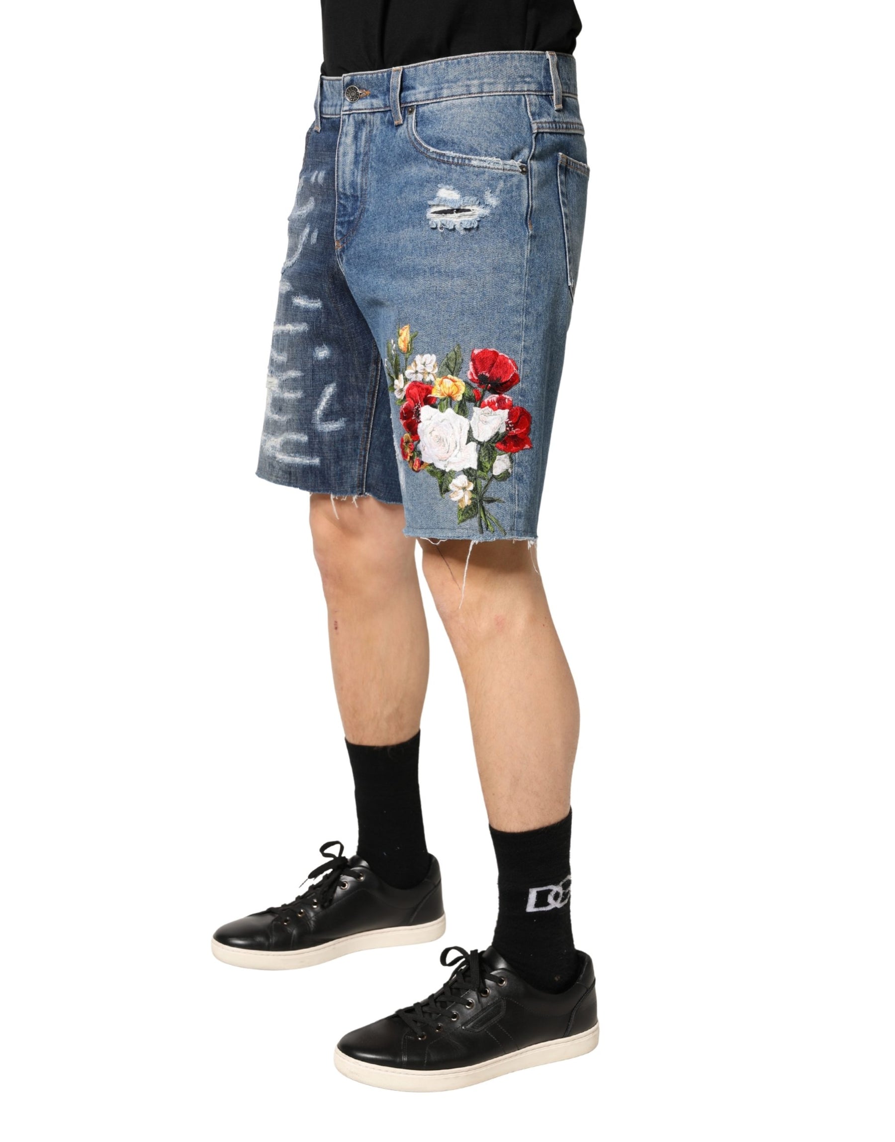 Dolce & Gabbana Blue Floral Embroidery Tattered Denim Shorts | Regal Royce