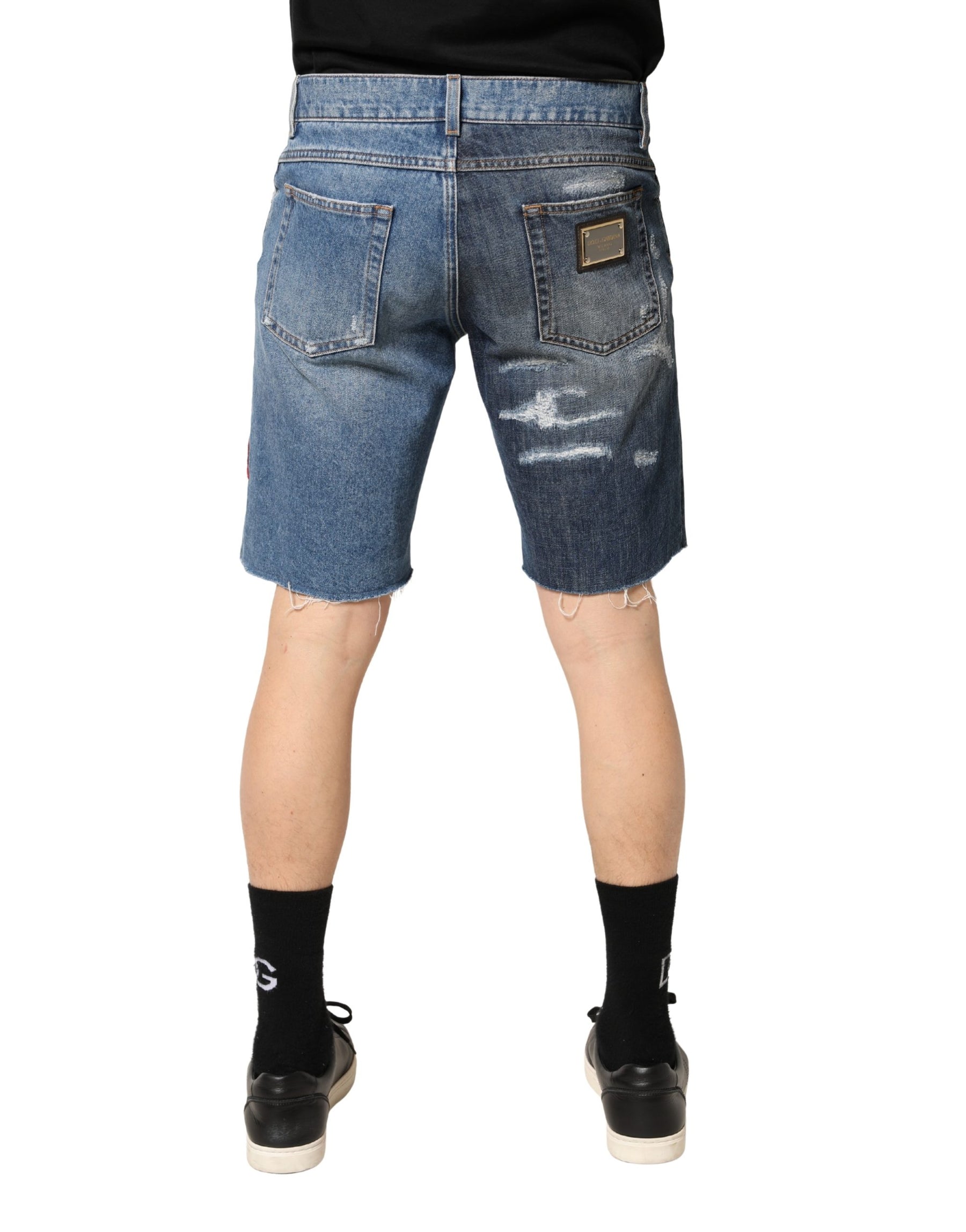 Dolce & Gabbana Blue Floral Embroidery Tattered Denim Shorts | Regal Royce