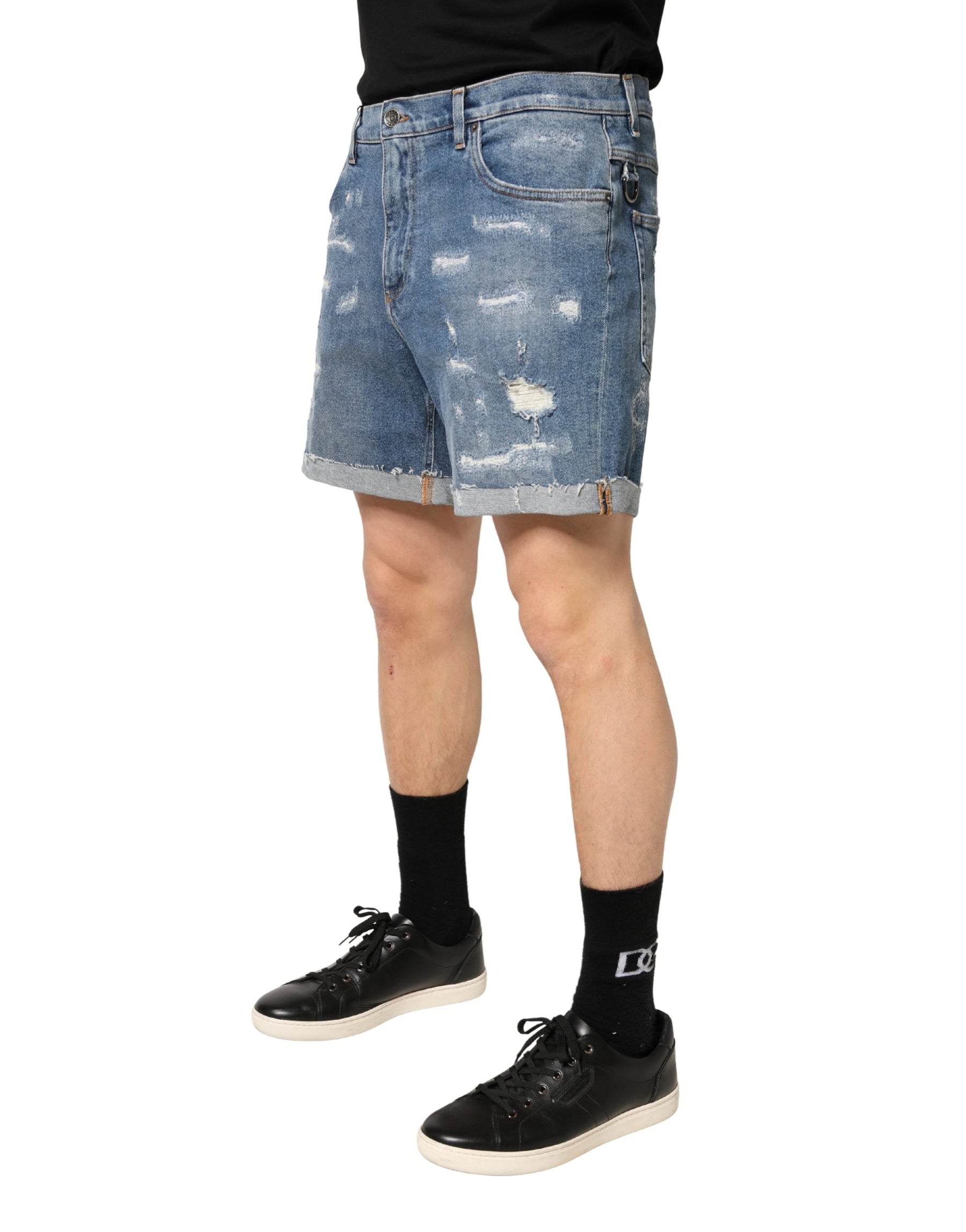 Dolce & Gabbana Blue Cotton Distressed Denim Bermuda Shorts | Regal Royce