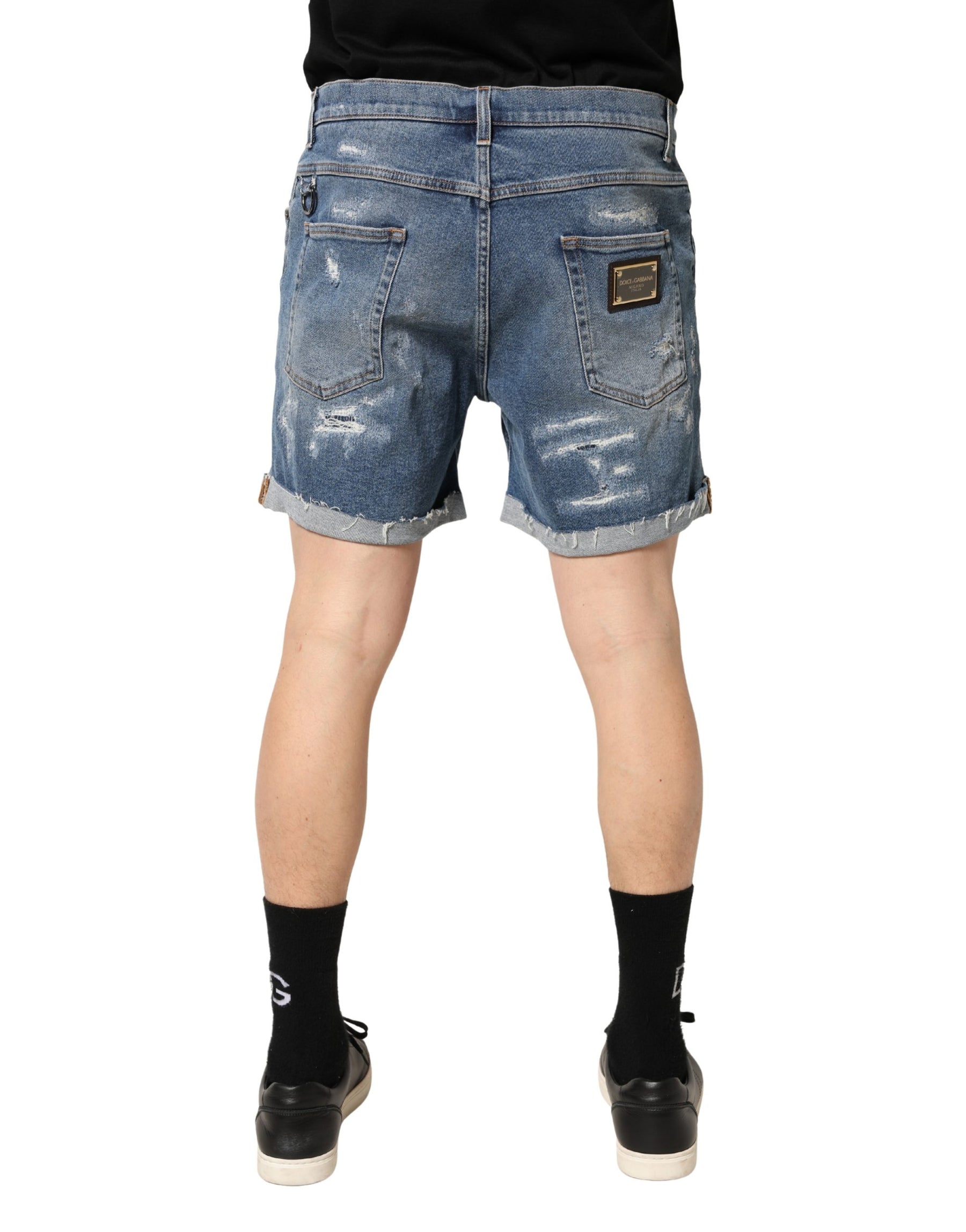 Dolce & Gabbana Blue Cotton Distressed Denim Bermuda Shorts | Regal Royce