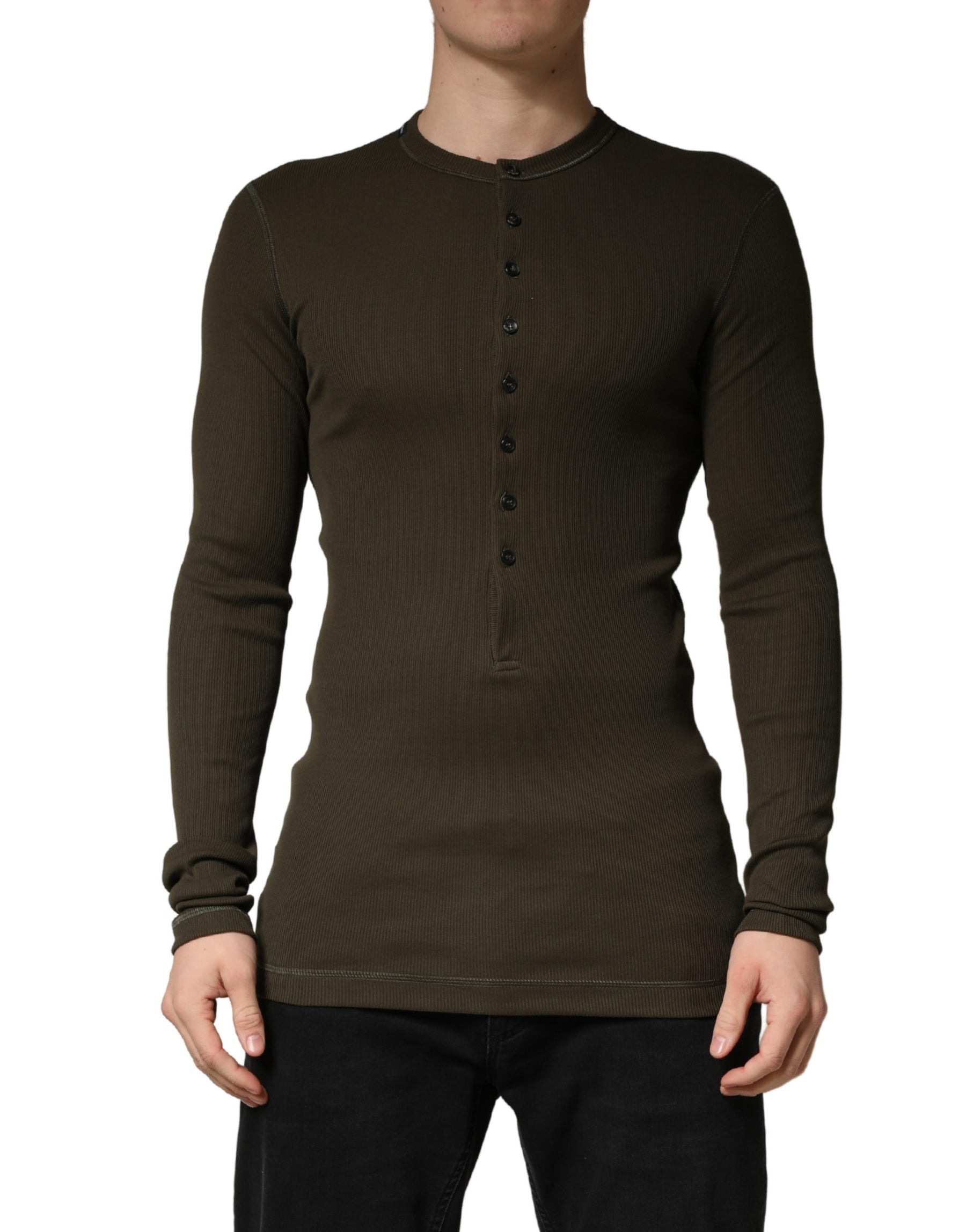 Dolce & Gabbana Brown Cotton Buttoned Henley Pullover Sweater | Regal Royce