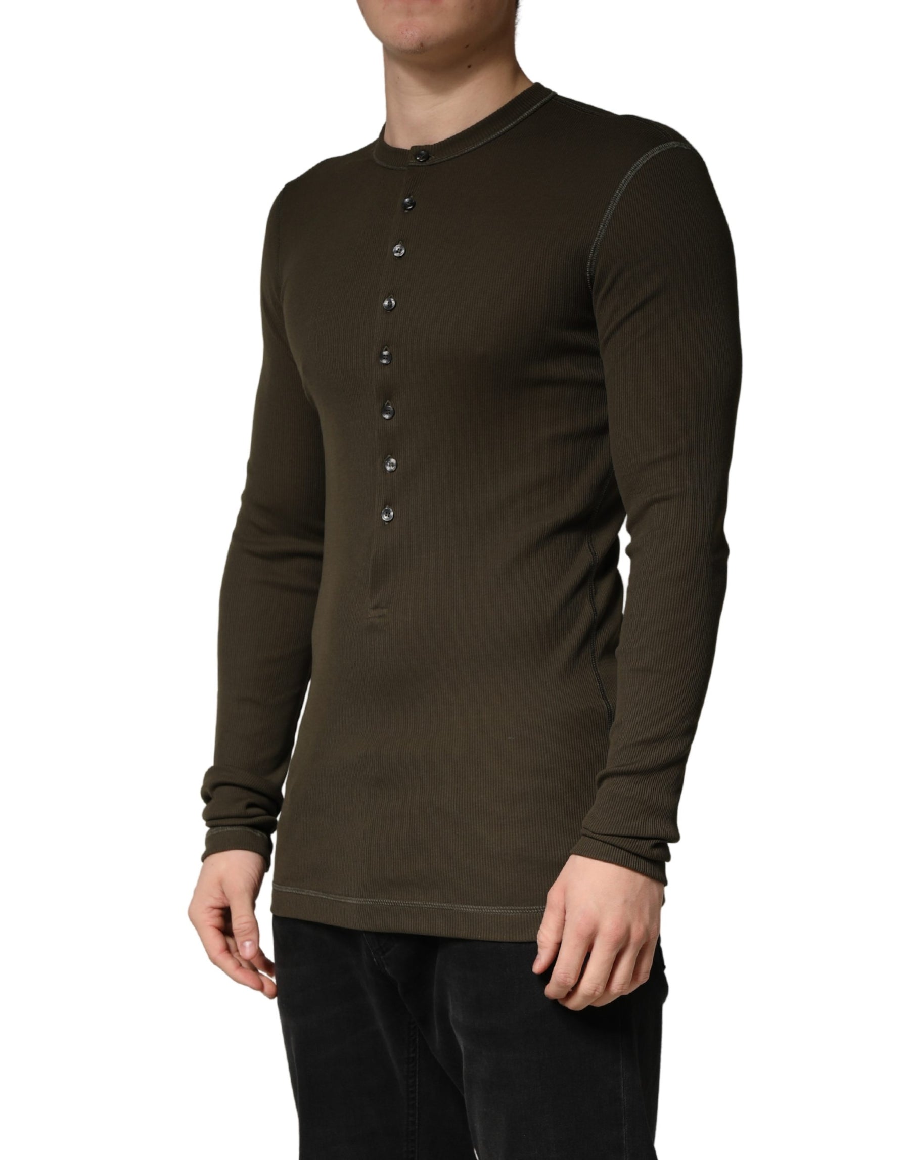 Dolce & Gabbana Brown Cotton Buttoned Henley Pullover Sweater | Regal Royce