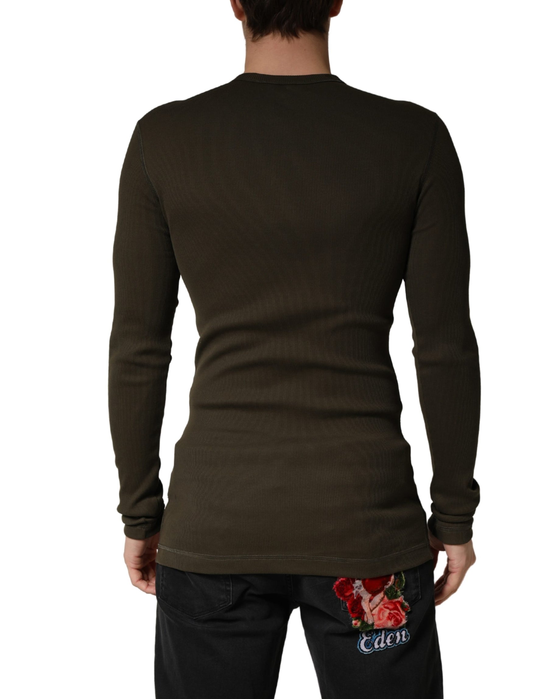 Dolce & Gabbana Brown Cotton Buttoned Henley Pullover Sweater | Regal Royce
