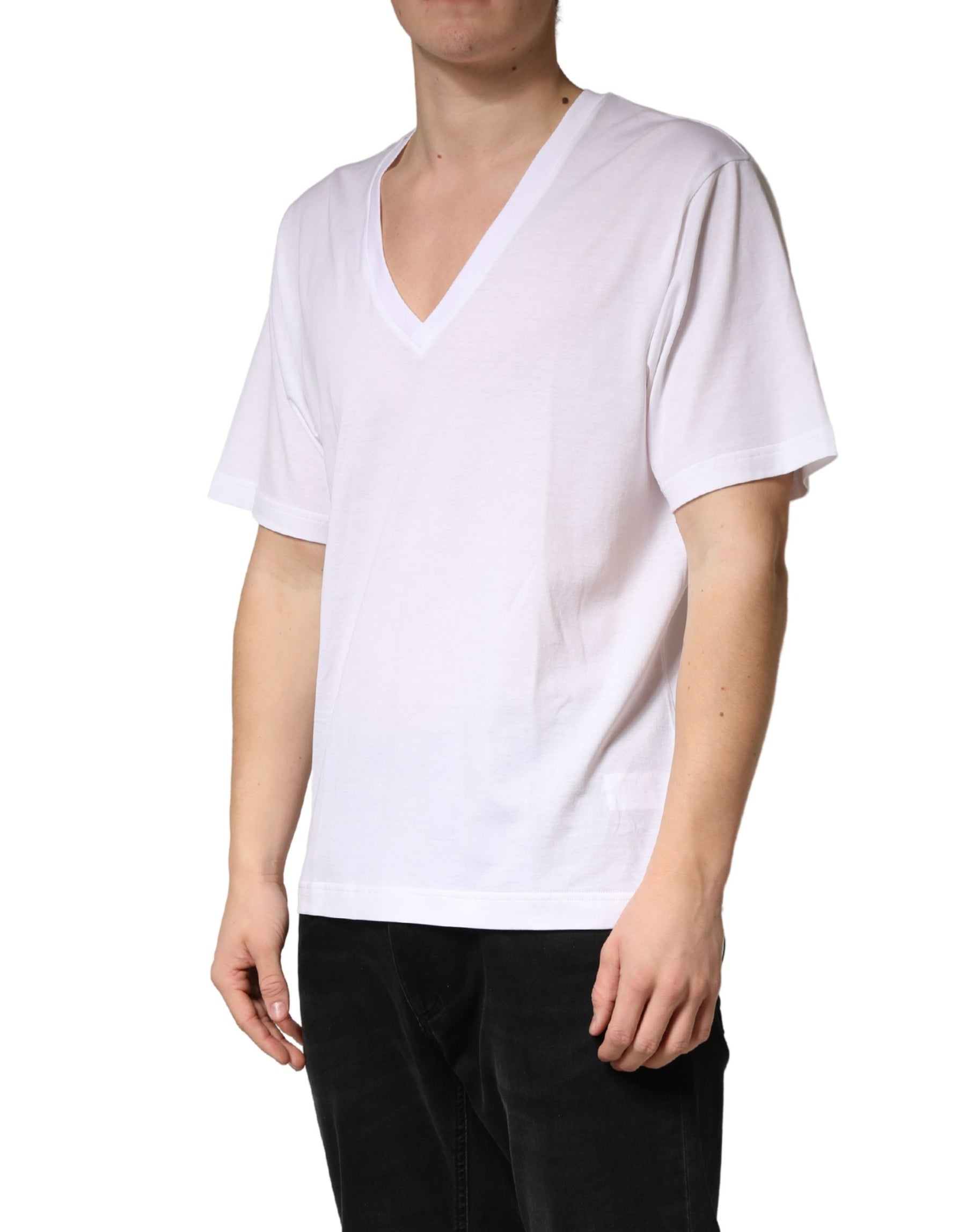 Dolce & Gabbana White Cotton Plain V-Neck Men Shirt T-shirt | Regal Royce