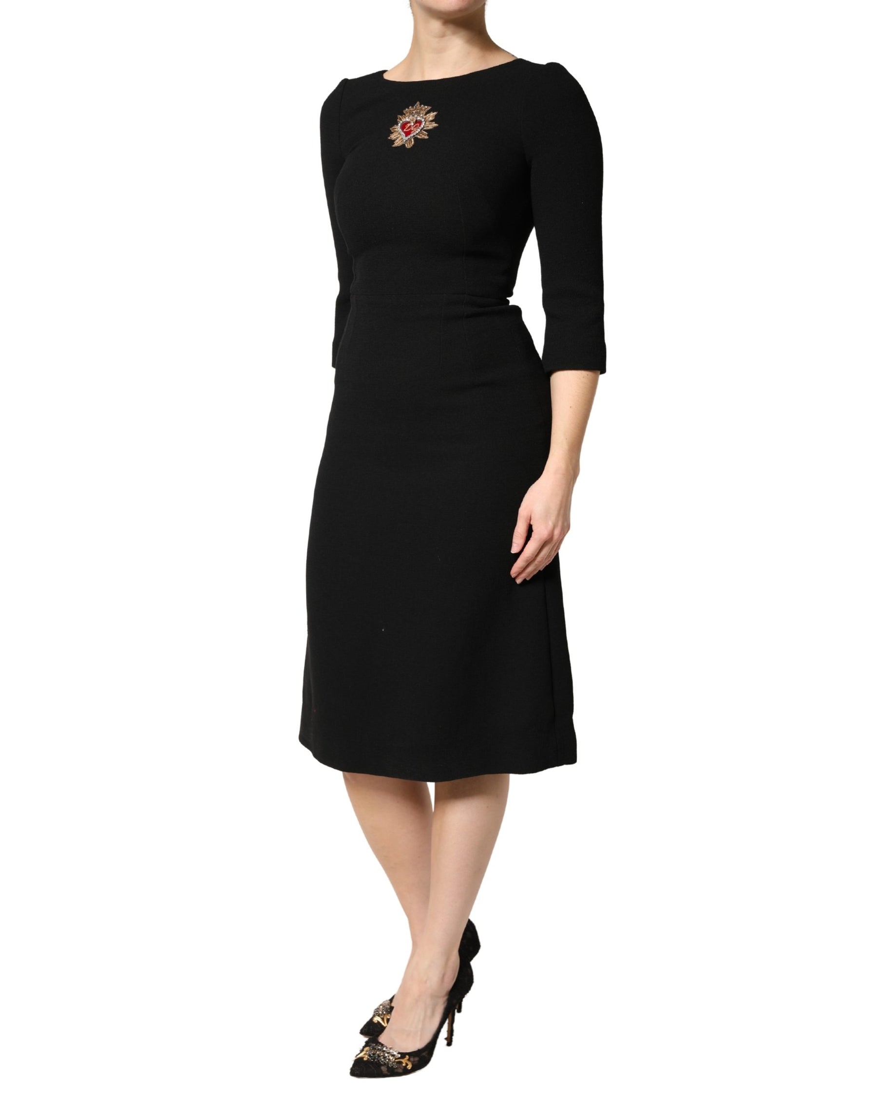 Dolce & Gabbana Black Wool Sacred Heart Patch Midi Dress | Regal Royce
