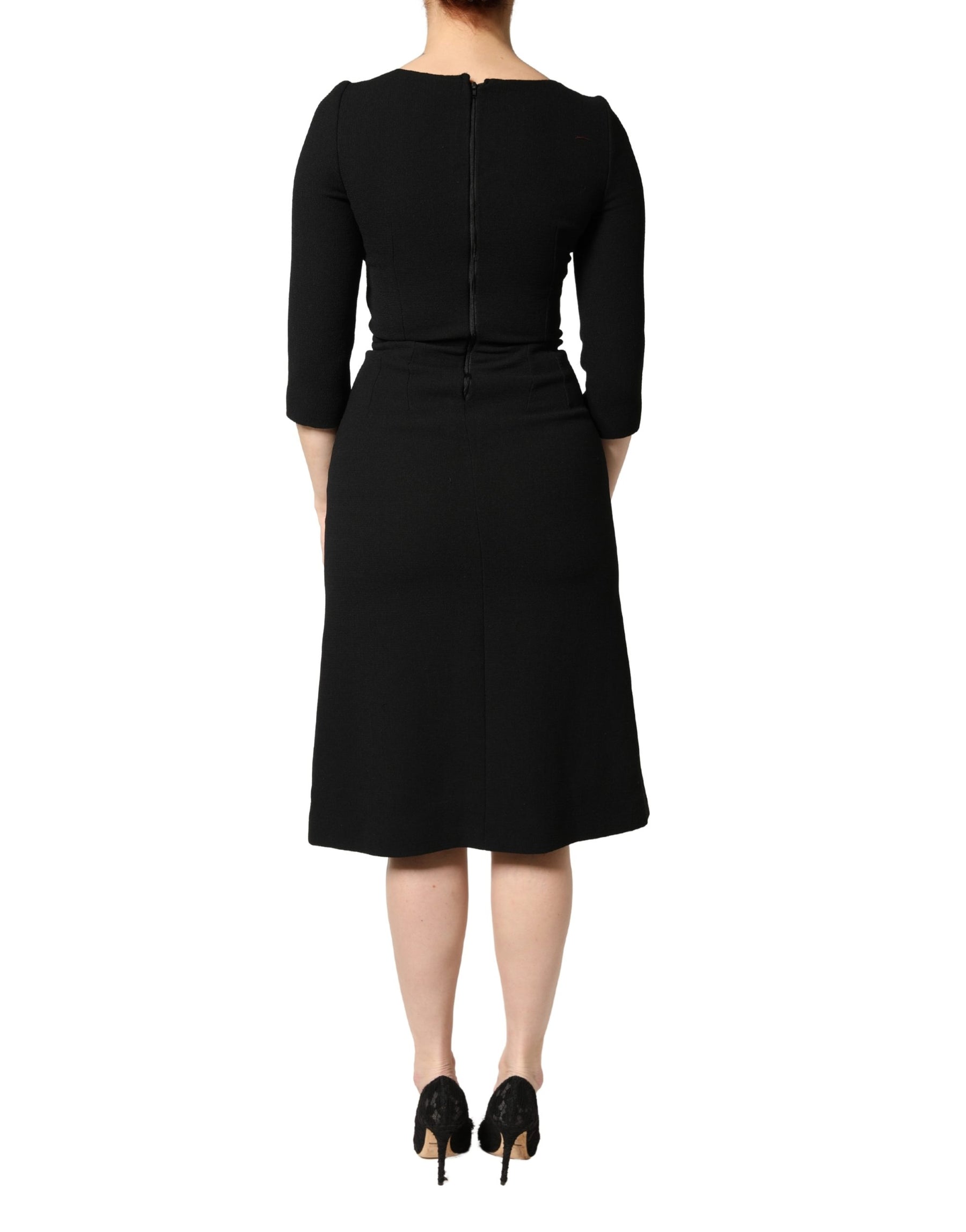 Dolce & Gabbana Black Wool Sacred Heart Patch Midi Dress | Regal Royce