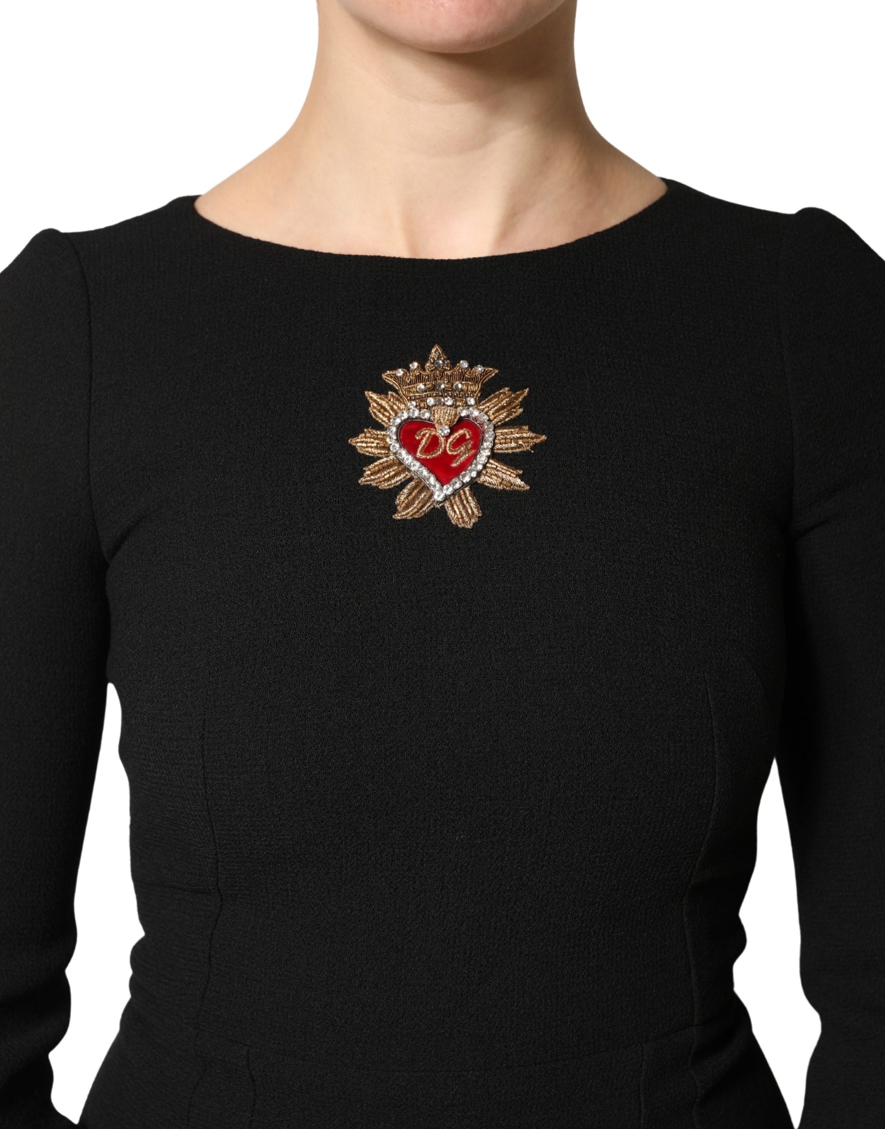 Dolce & Gabbana Black Wool Sacred Heart Patch Midi Dress | Regal Royce