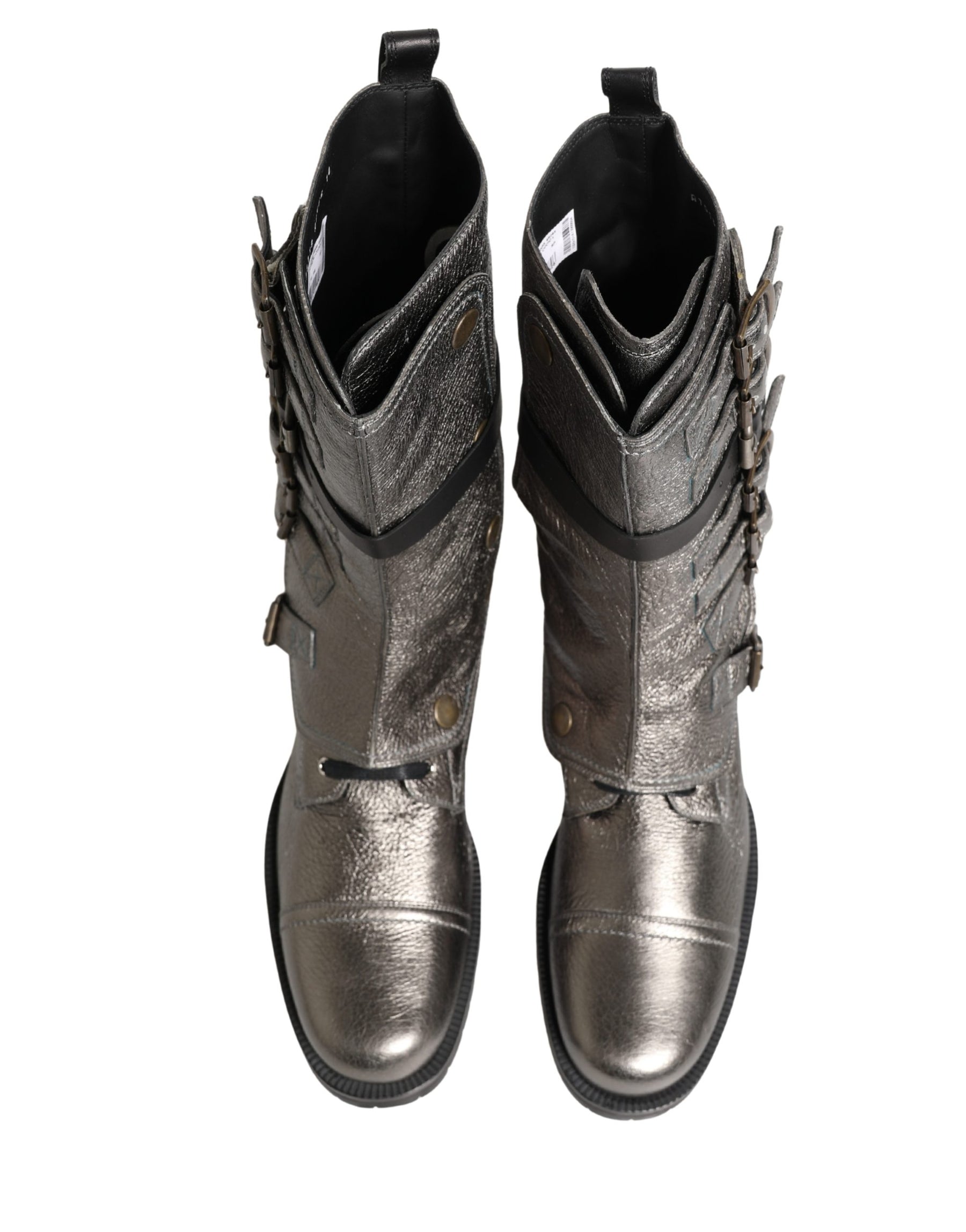 Dolce & Gabbana Metallic Silver Combat Biker Mid Calf Boots Shoes | Regal Royce