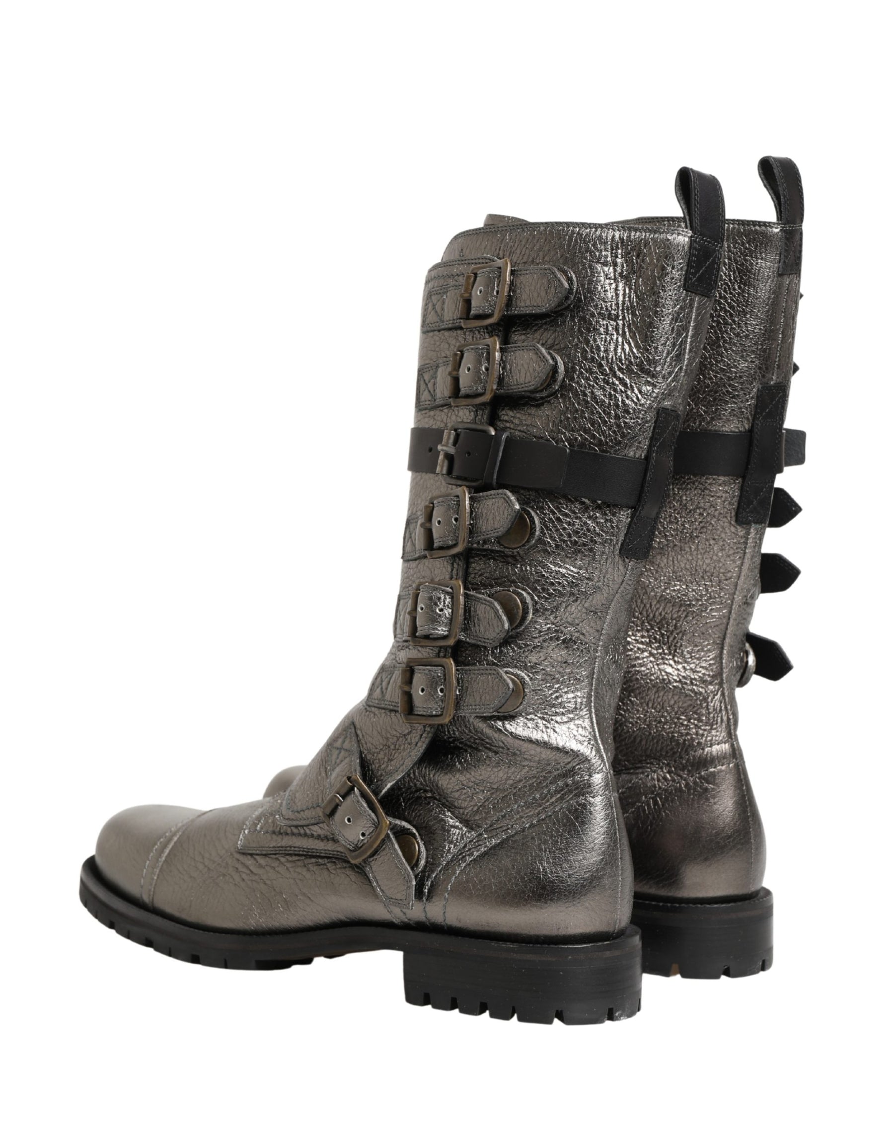 Dolce & Gabbana Metallic Silver Combat Biker Mid Calf Boots Shoes | Regal Royce