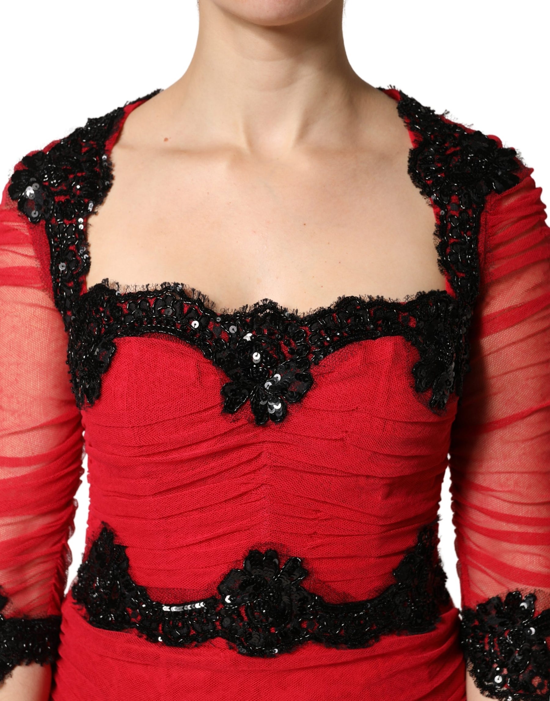 Dolce & Gabbana Red Mesh Trim Bodycon Sheath Midi Dress | Regal Royce