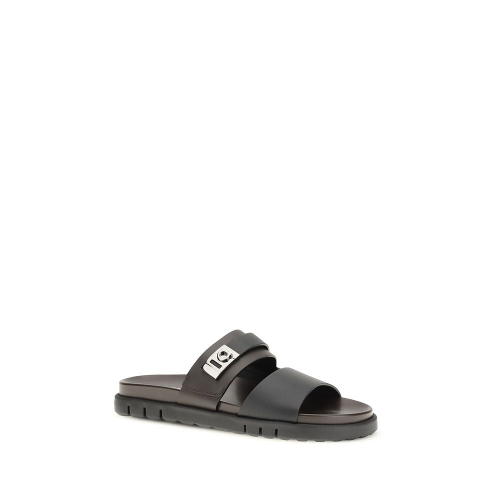 Ferragamo Black Calf Leather Bos Taurus Flat Sandals | Regal Royce