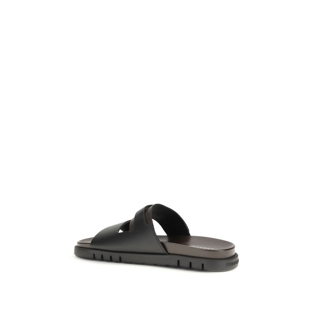 Ferragamo Black Calf Leather Bos Taurus Flat Sandals | Regal Royce