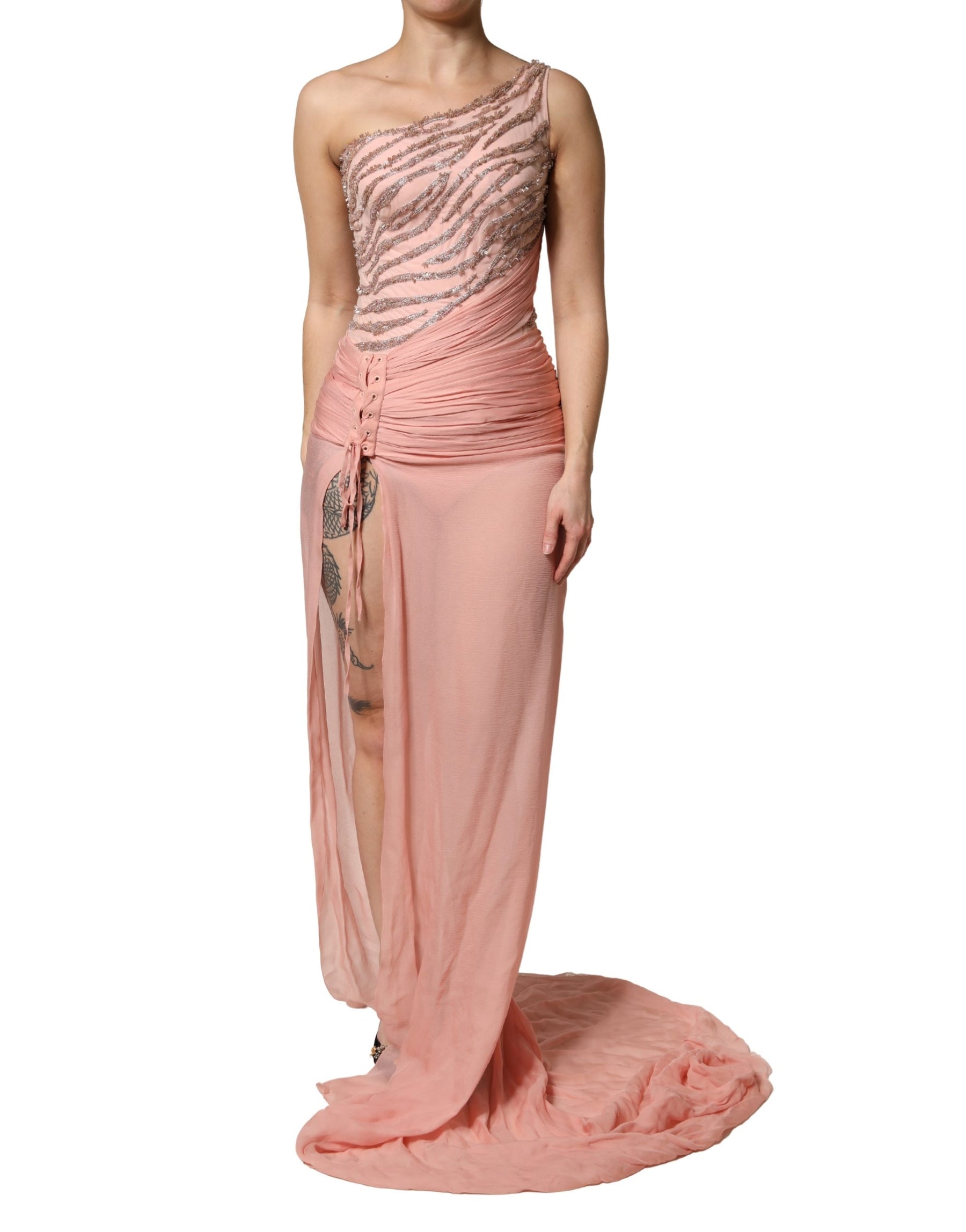 Dolce & Gabbana Pink Embellished One Shoulder Maxi Dress | Regal Royce